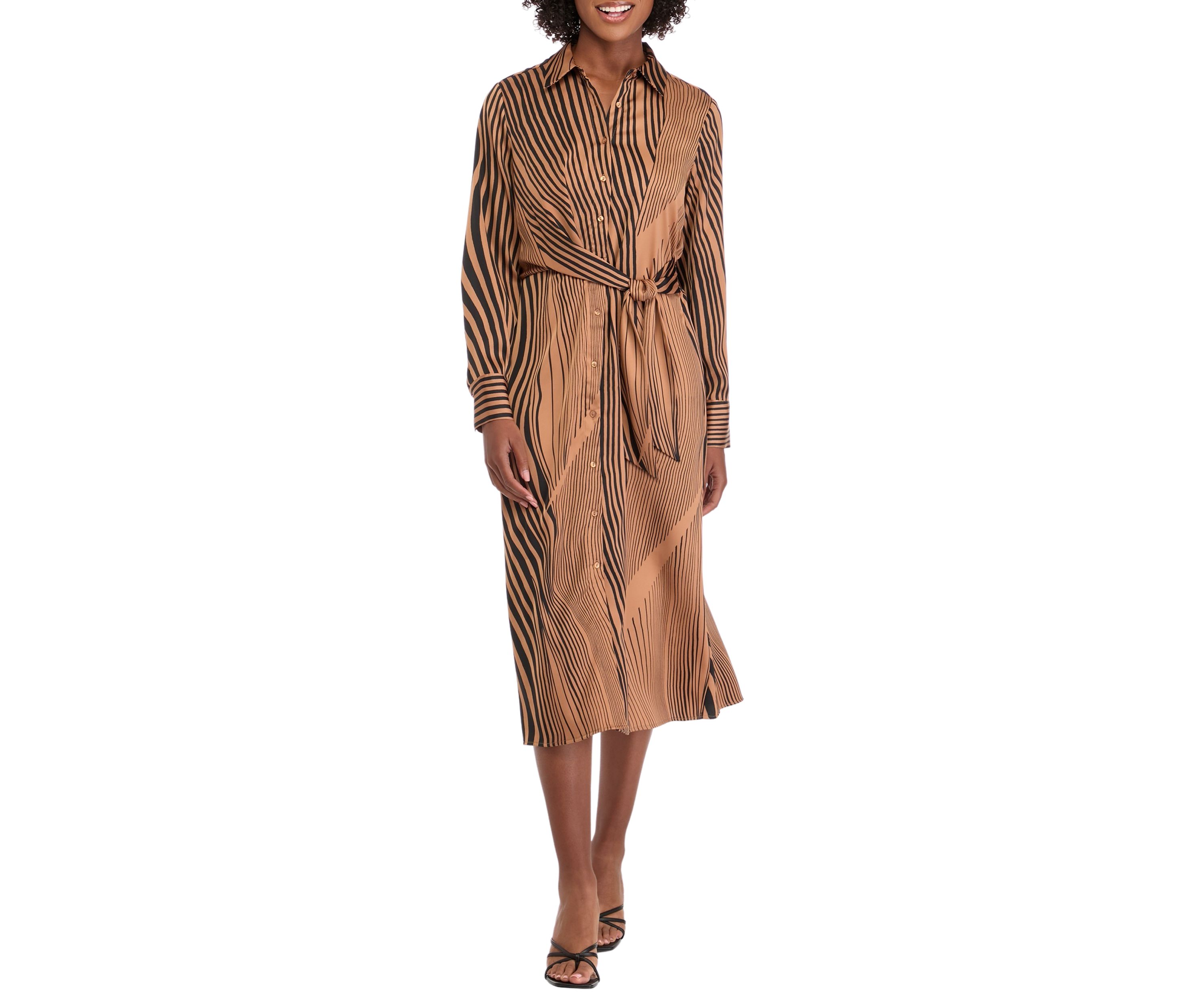 Womens Long Sleeve Printed Button Front Shirtdress 
