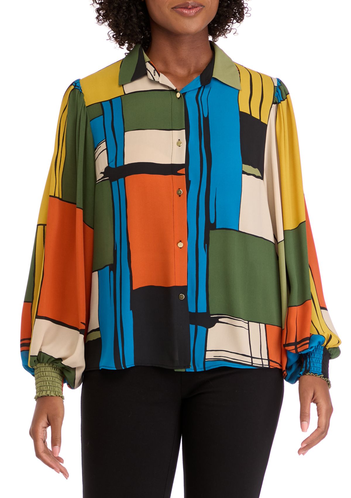 Womens Artistic Color Blocked Printed Blouse