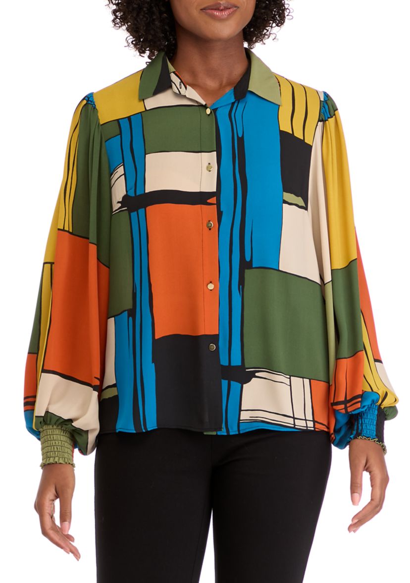 Womens Artistic Color Blocked Printed Blouse