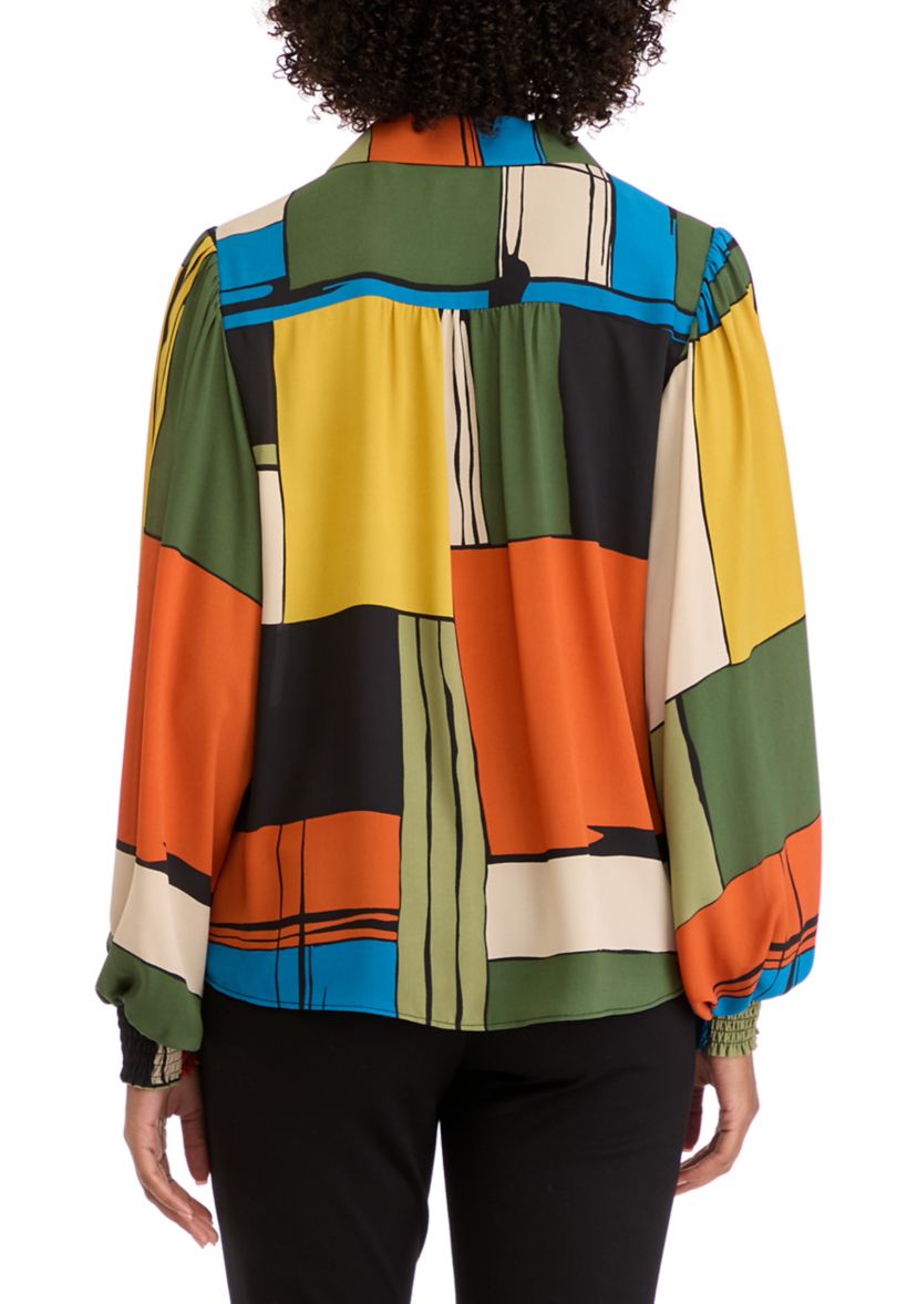 Womens Artistic Color Blocked Printed Blouse