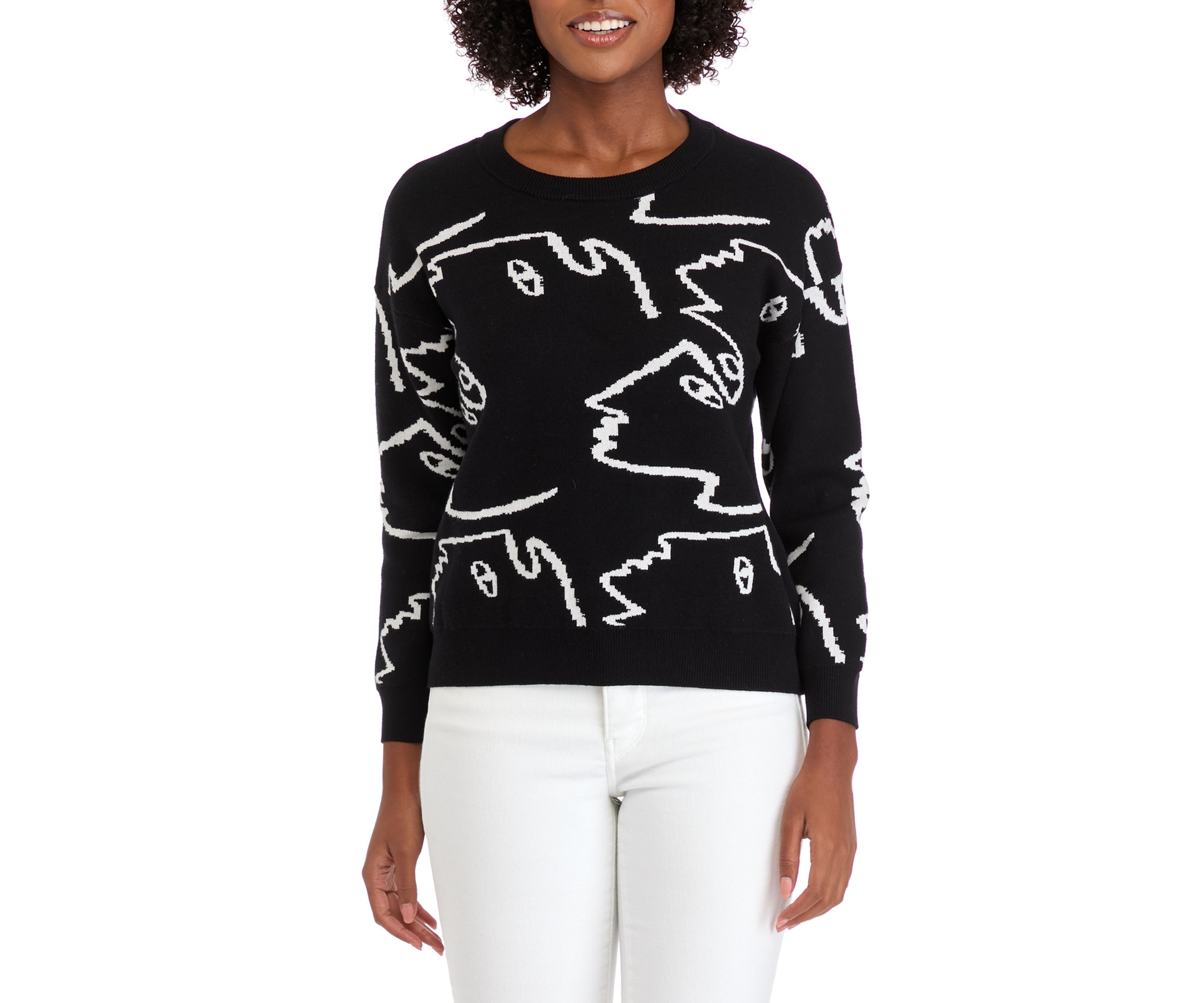 Womens Long Sleeve Crew Neck Face Pattern Pullover Sweater