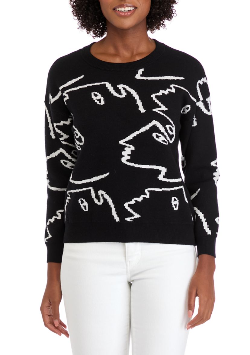 Womens Long Sleeve Crew Neck Face Pattern Pullover Sweater