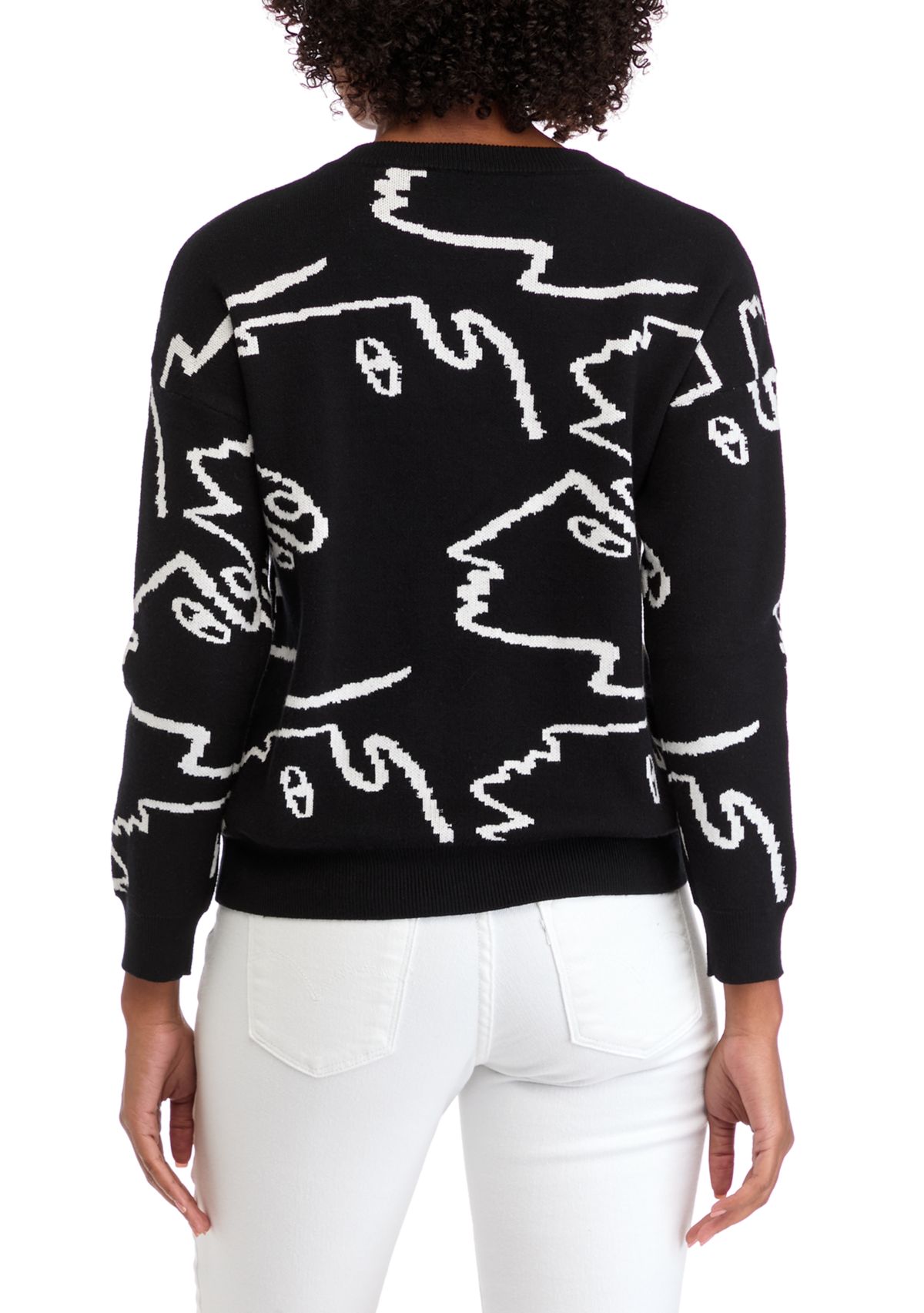 Womens Long Sleeve Crew Neck Face Pattern Pullover Sweater