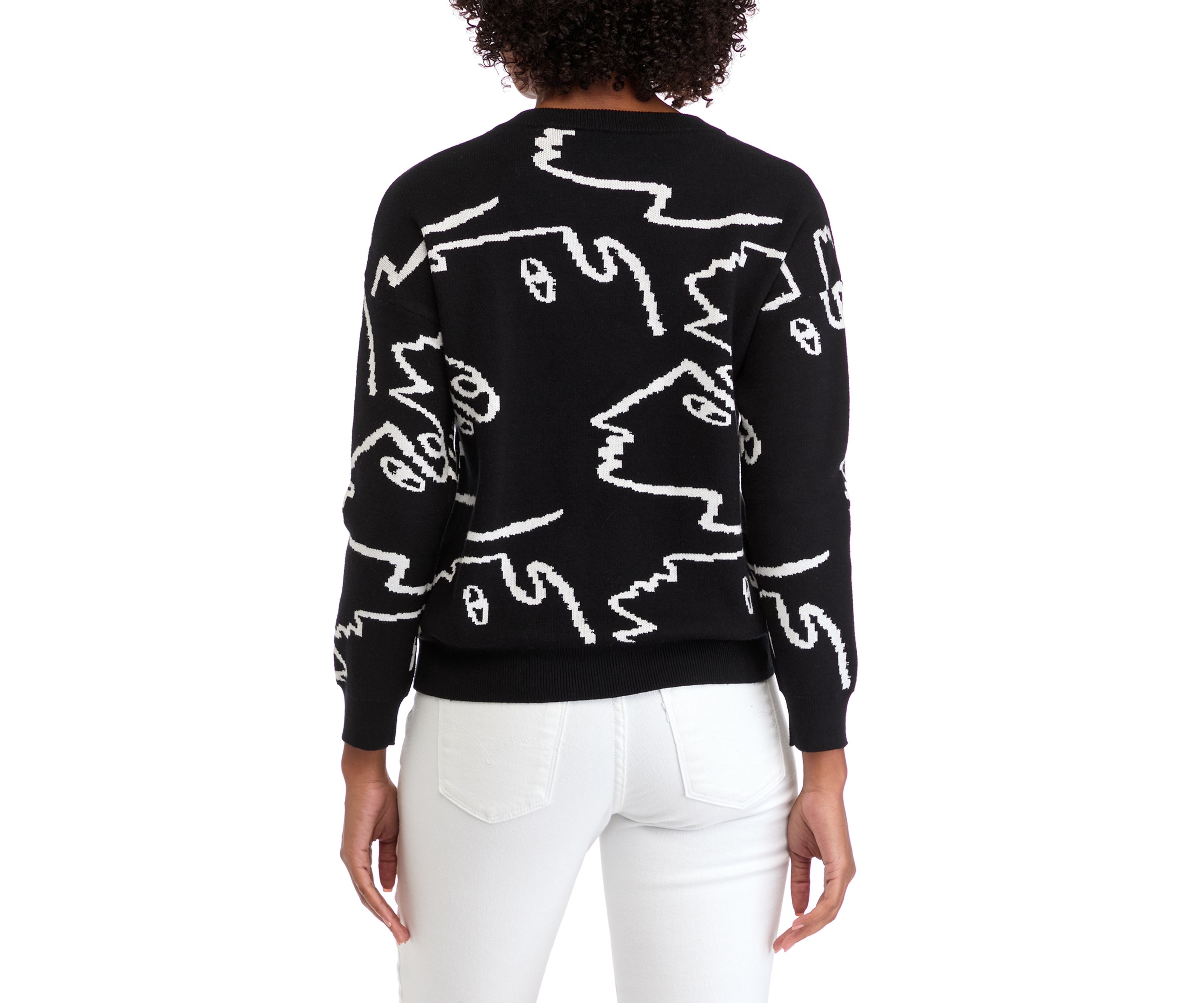 Womens Long Sleeve Crew Neck Face Pattern Pullover Sweater