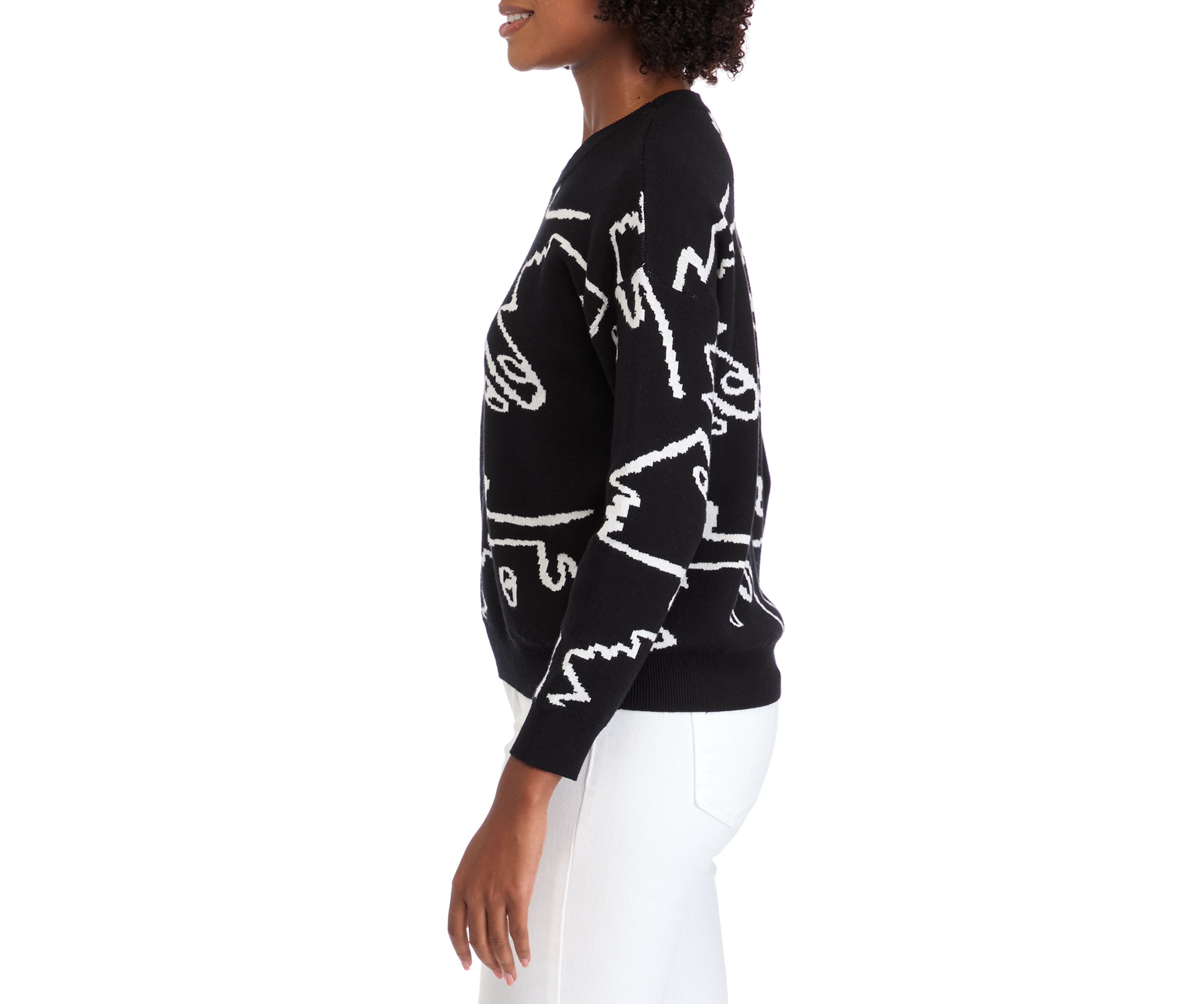 Womens Long Sleeve Crew Neck Face Pattern Pullover Sweater