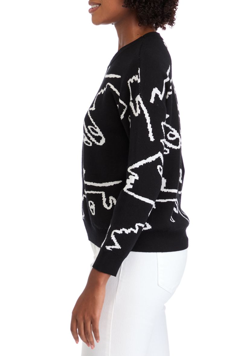 Womens Long Sleeve Crew Neck Face Pattern Pullover Sweater