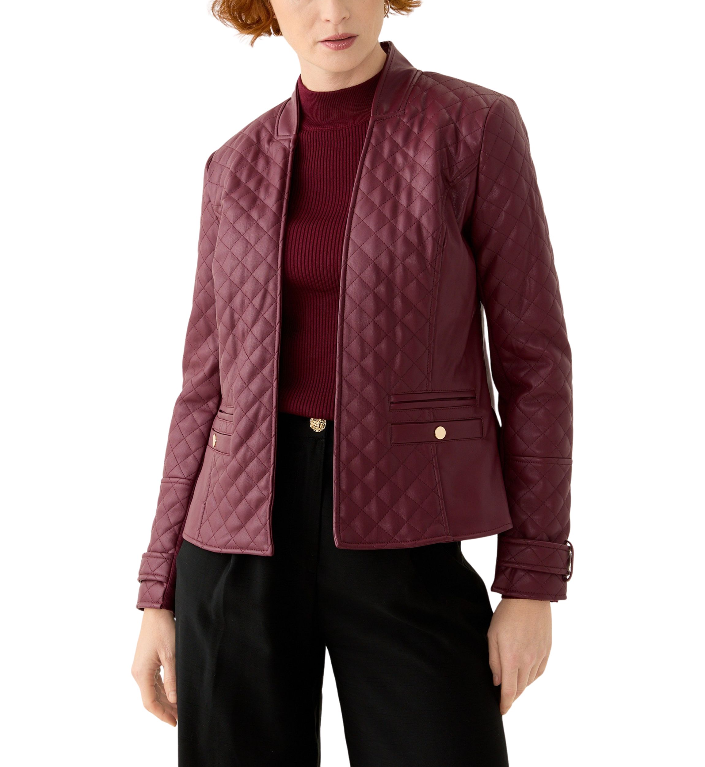 Womens Vegan Leather Long Sleeve Open Front Quilted Jacket