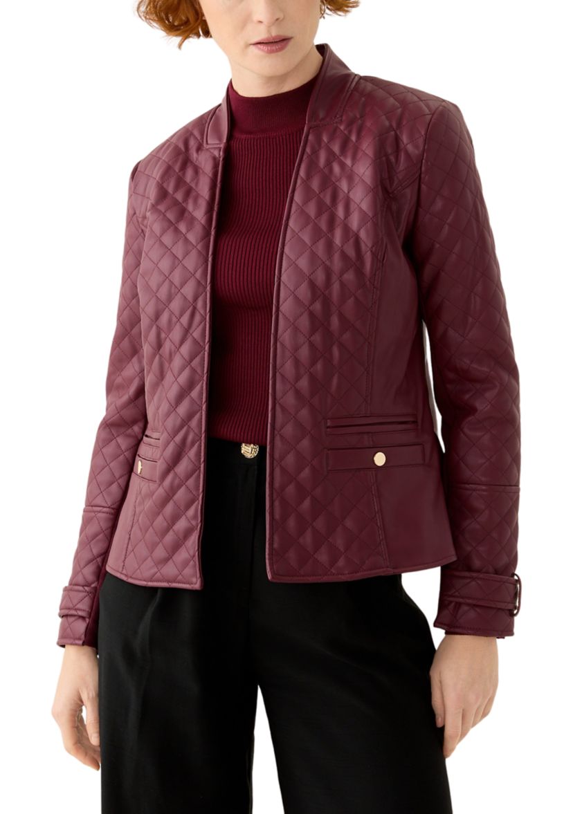 Womens Vegan Leather Long Sleeve Open Front Quilted Jacket