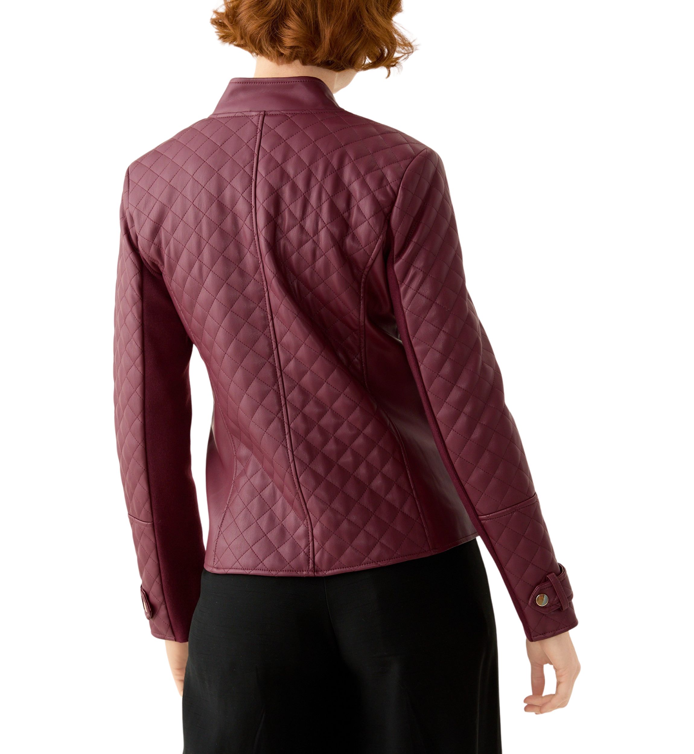 Womens Vegan Leather Long Sleeve Open Front Quilted Jacket