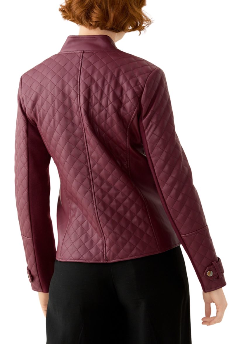 Womens Vegan Leather Long Sleeve Open Front Quilted Jacket