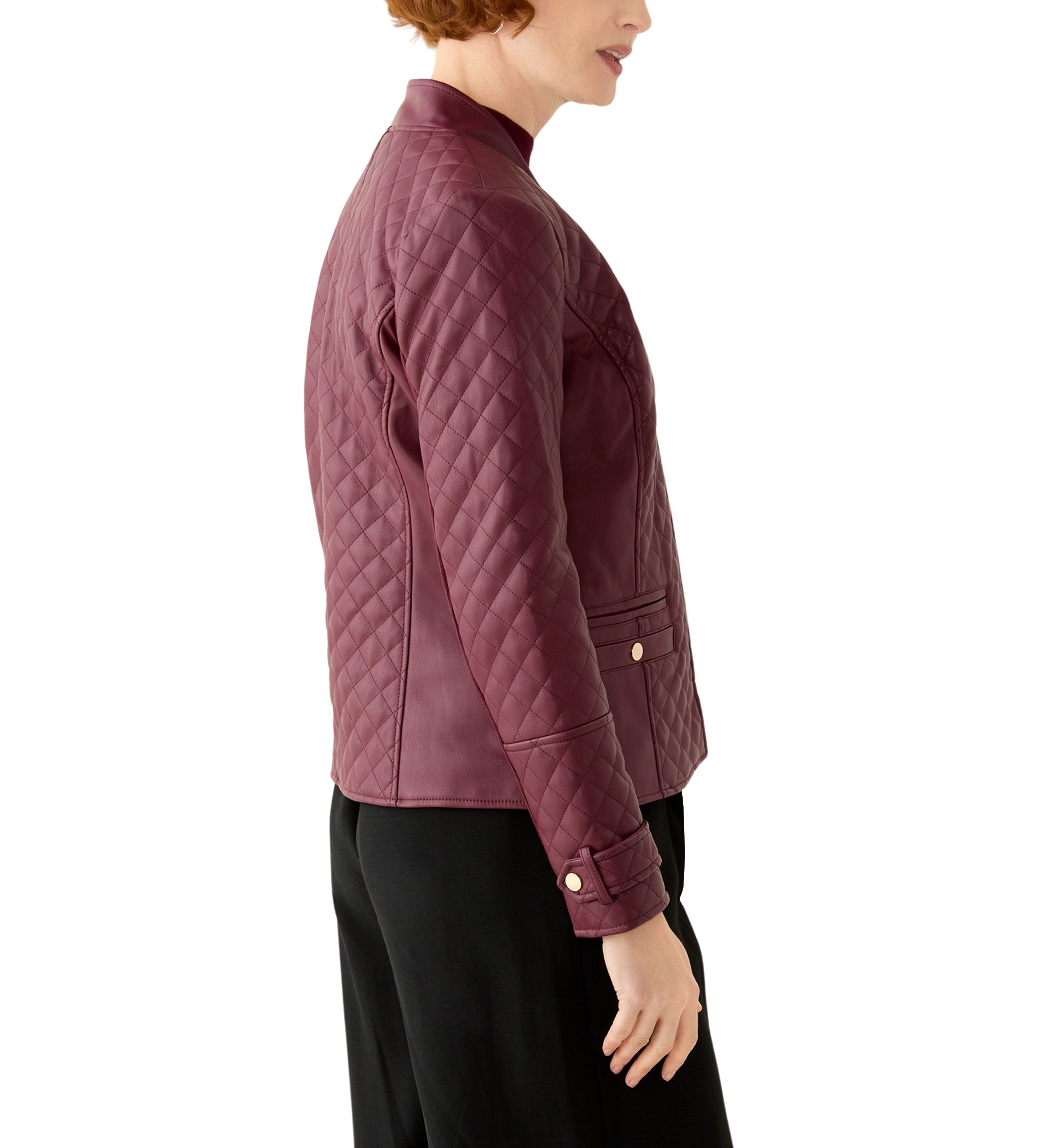 Womens Vegan Leather Long Sleeve Open Front Quilted Jacket