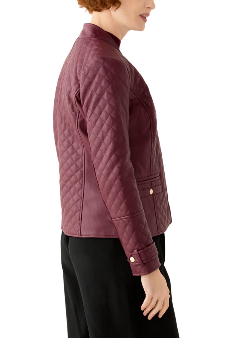 Womens Vegan Leather Long Sleeve Open Front Quilted Jacket