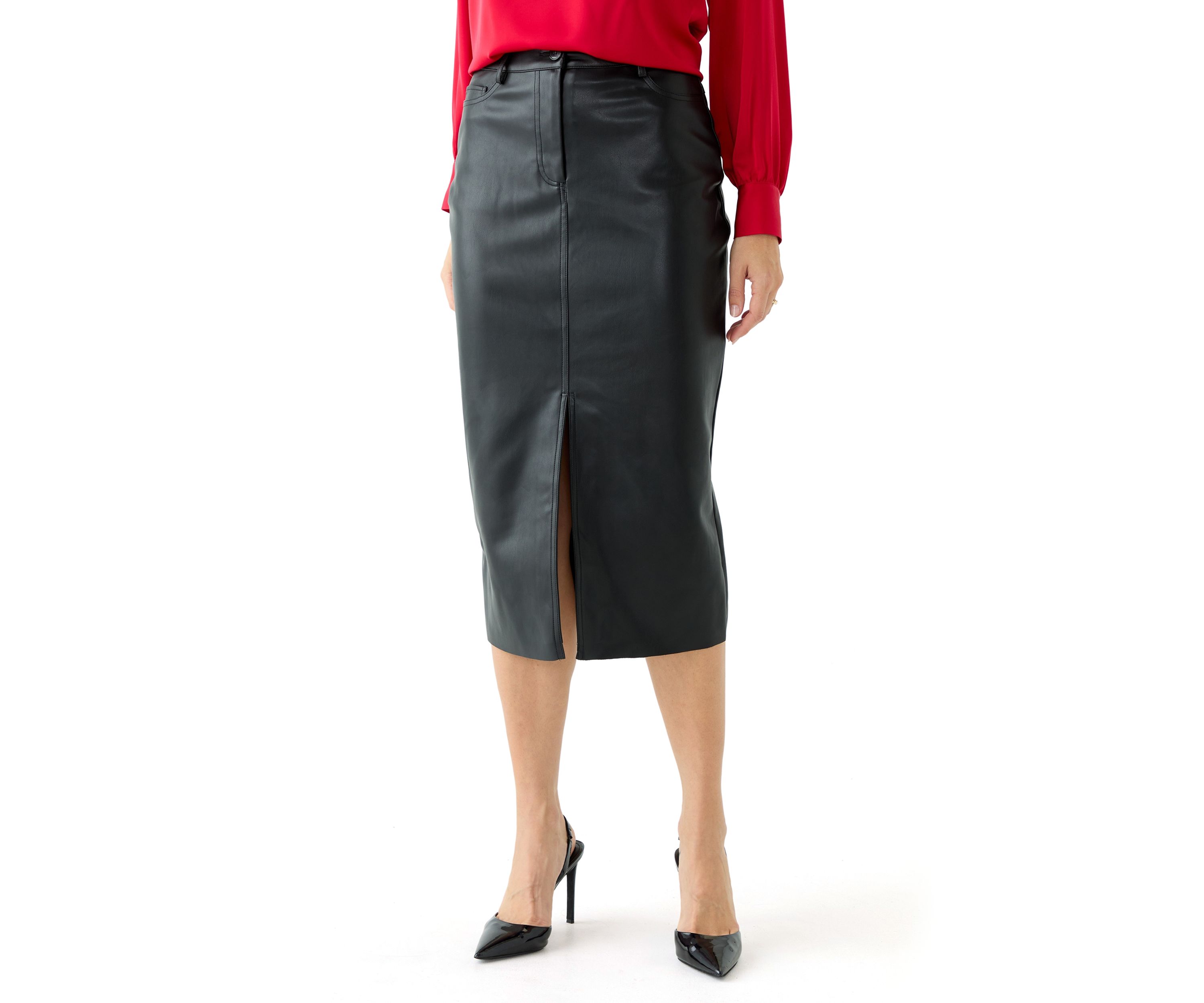 Womens Vegan Leather Slim Maxi Skirt with Pockets