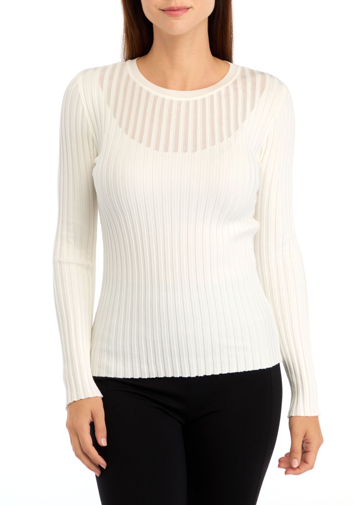 Womens Crew Neck Ribbed Pullover Sweater with Illusion Stripe Yoke