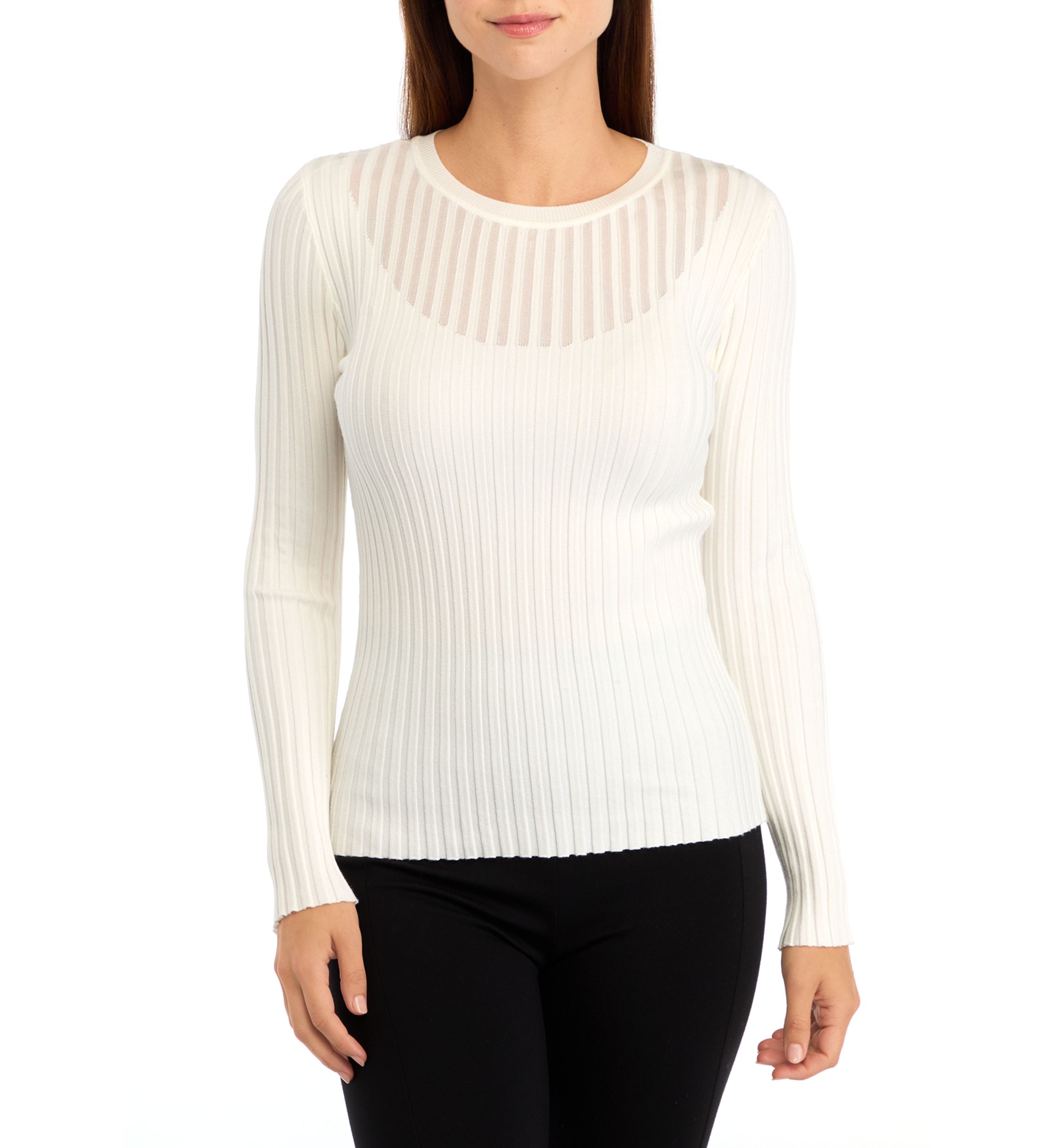 Womens Crew Neck Ribbed Pullover Sweater with Illusion Stripe Yoke