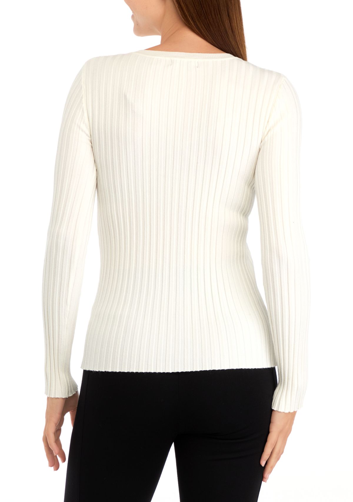 Womens Crew Neck Ribbed Pullover Sweater with Illusion Stripe Yoke