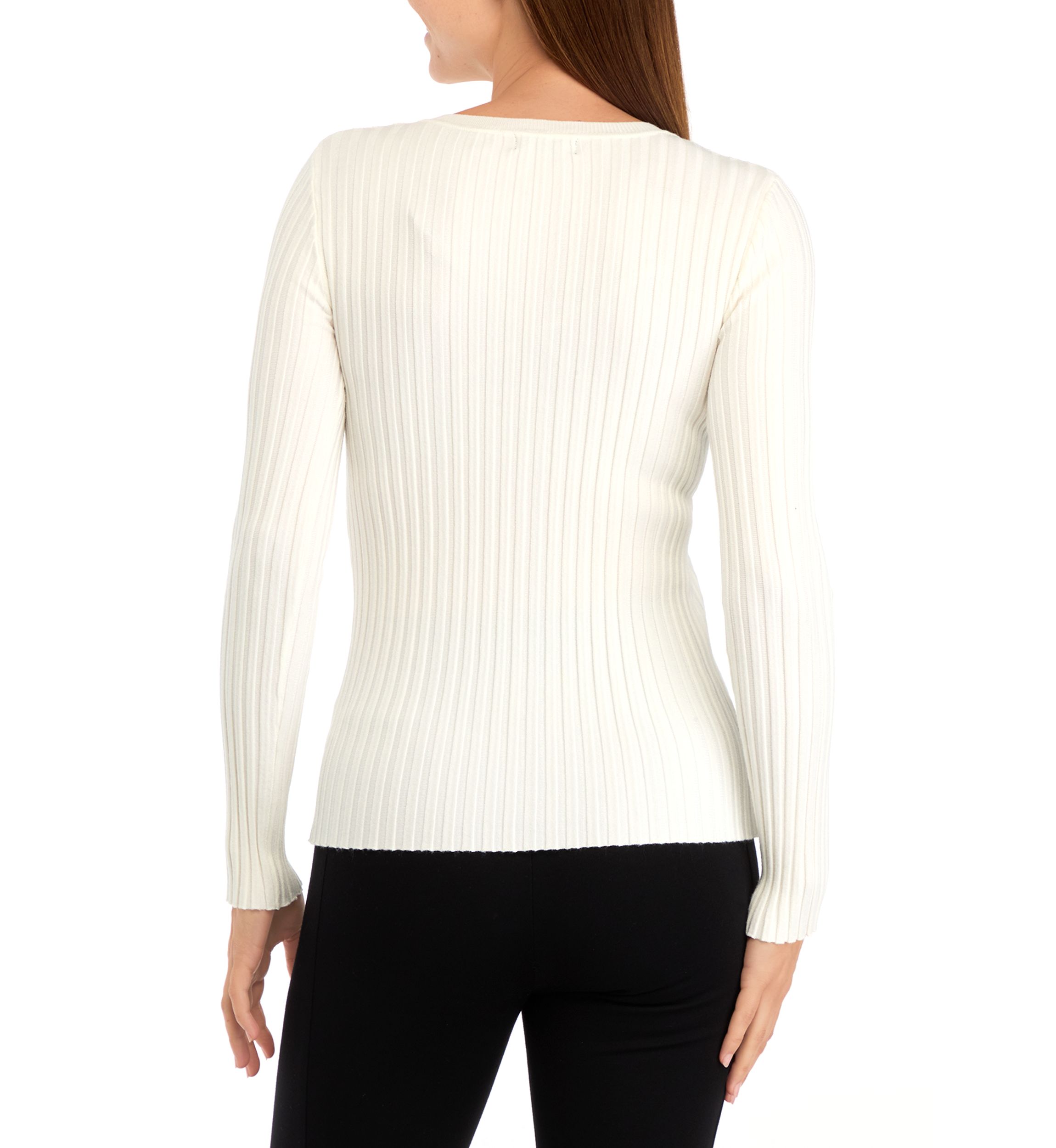Womens Crew Neck Ribbed Pullover Sweater with Illusion Stripe Yoke