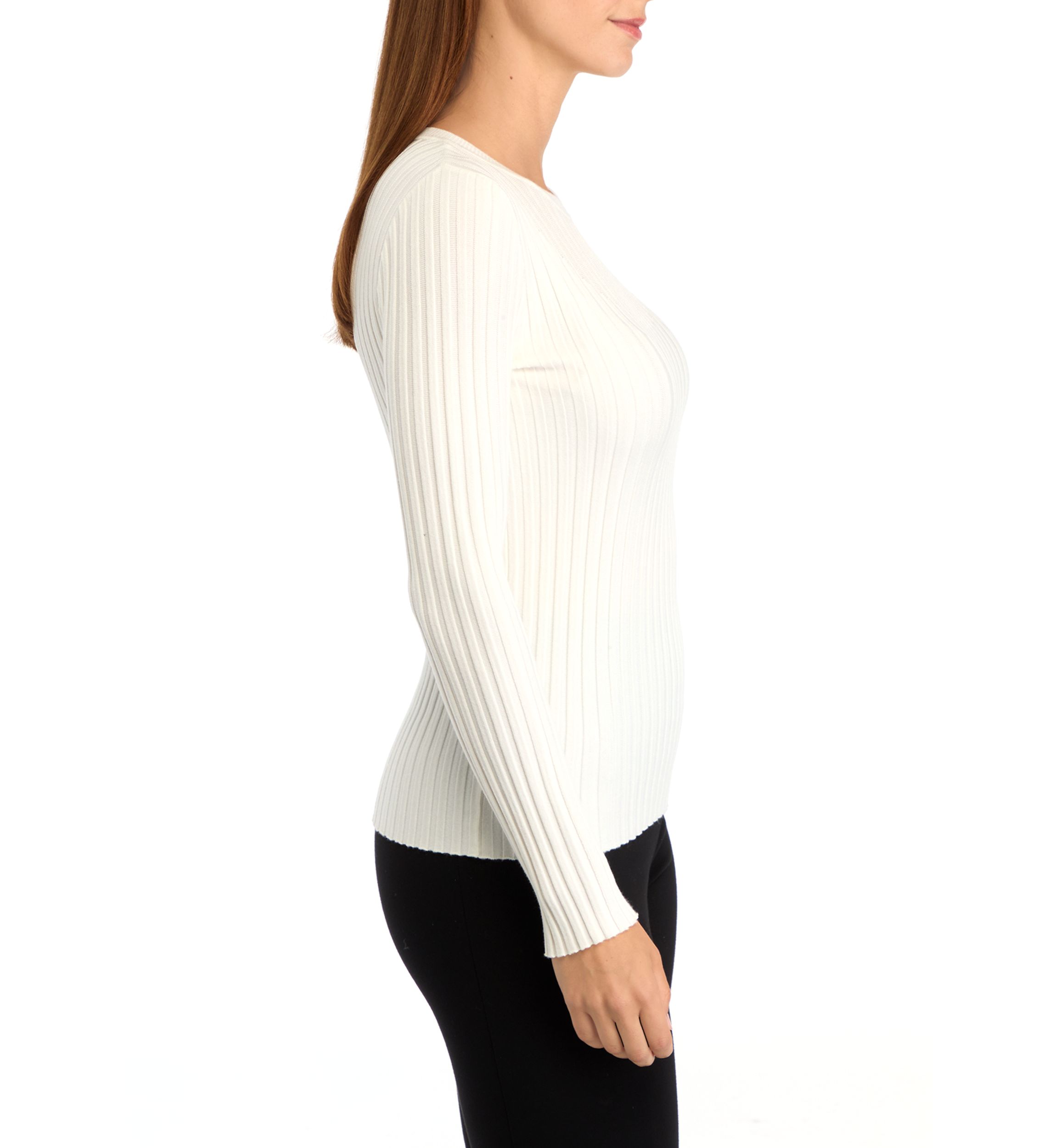 Womens Crew Neck Ribbed Pullover Sweater with Illusion Stripe Yoke