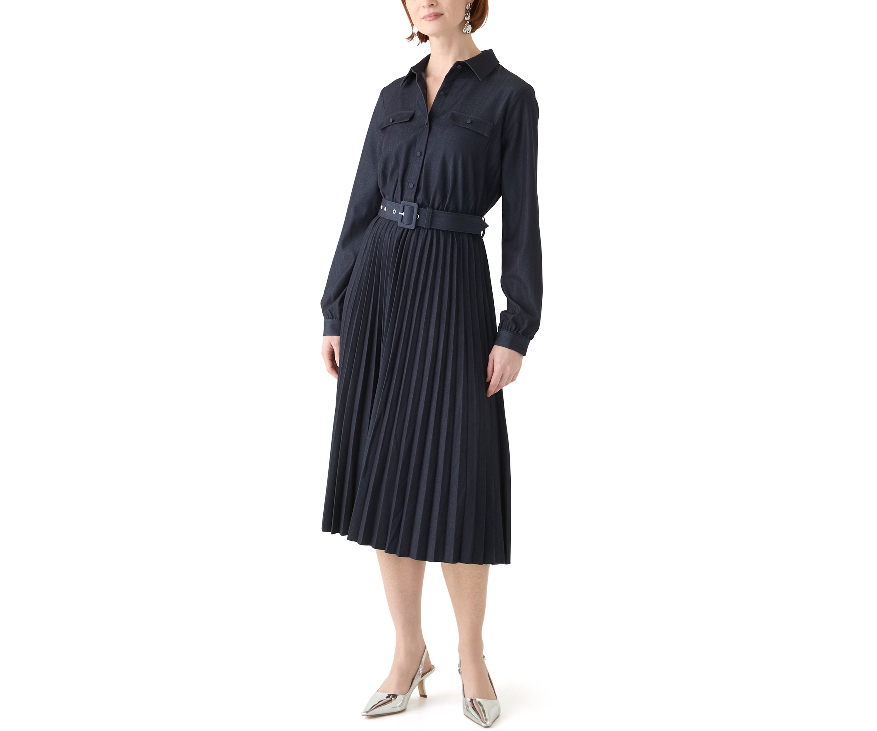 Womens Long Sleeve Pleated Midi Dress with Belt