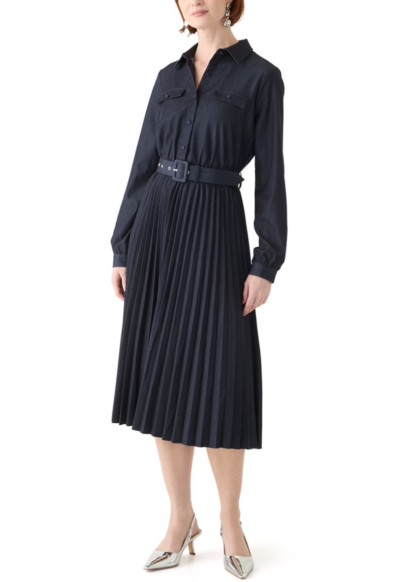 Womens Long Sleeve Pleated Midi Dress with Belt