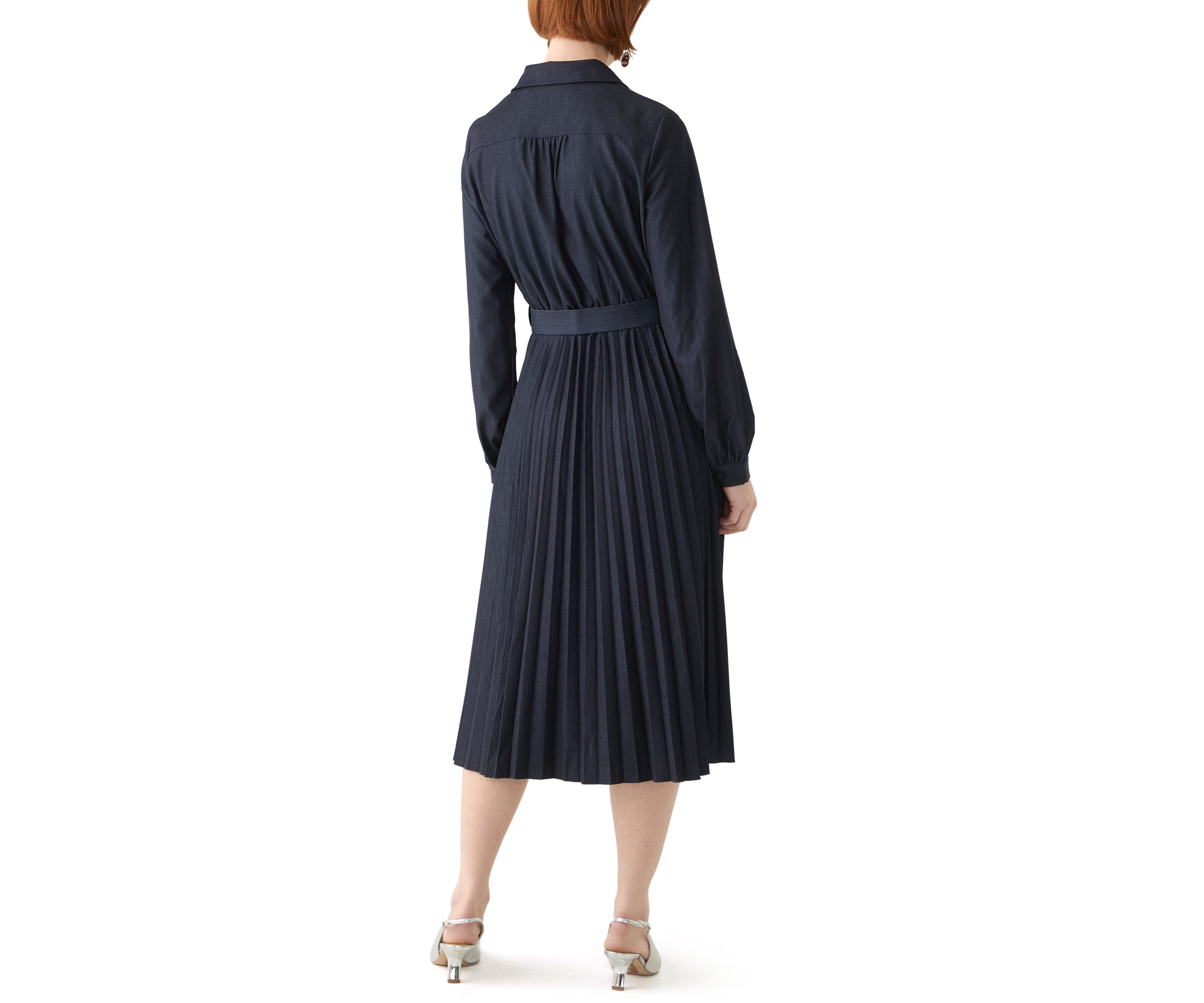 Womens Long Sleeve Pleated Midi Dress with Belt