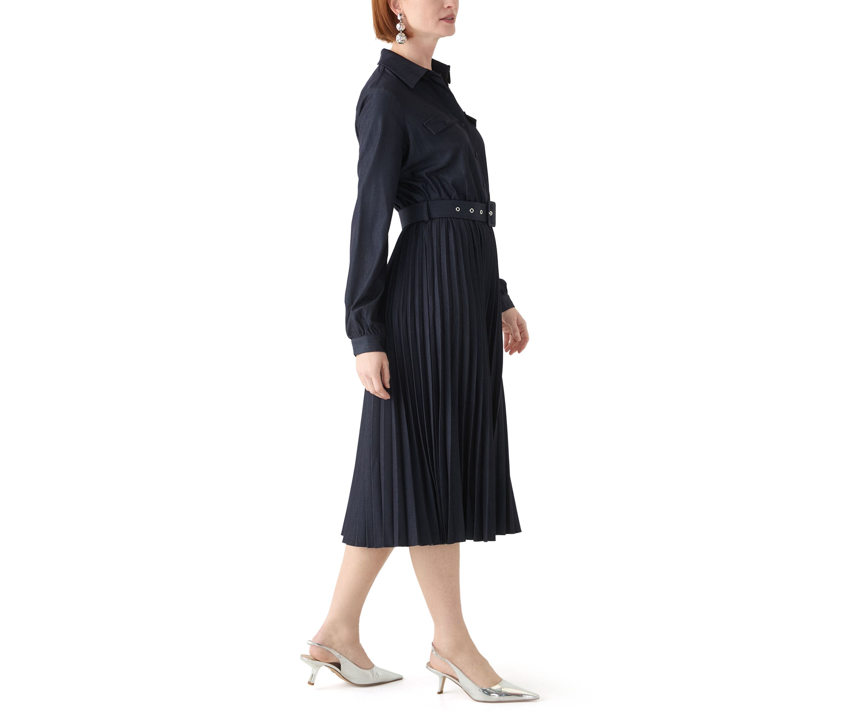Womens Long Sleeve Pleated Midi Dress with Belt