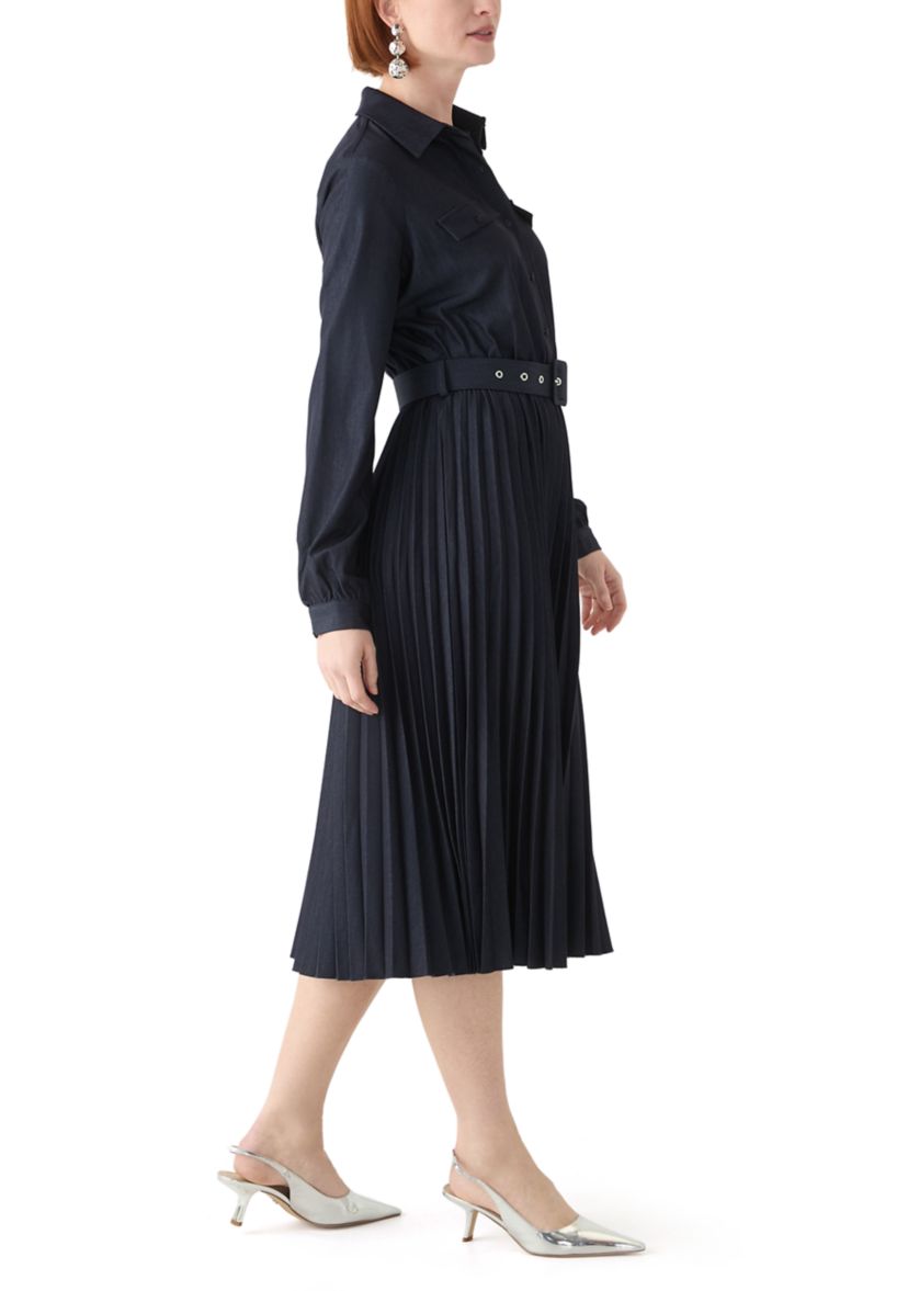 Womens Long Sleeve Pleated Midi Dress with Belt