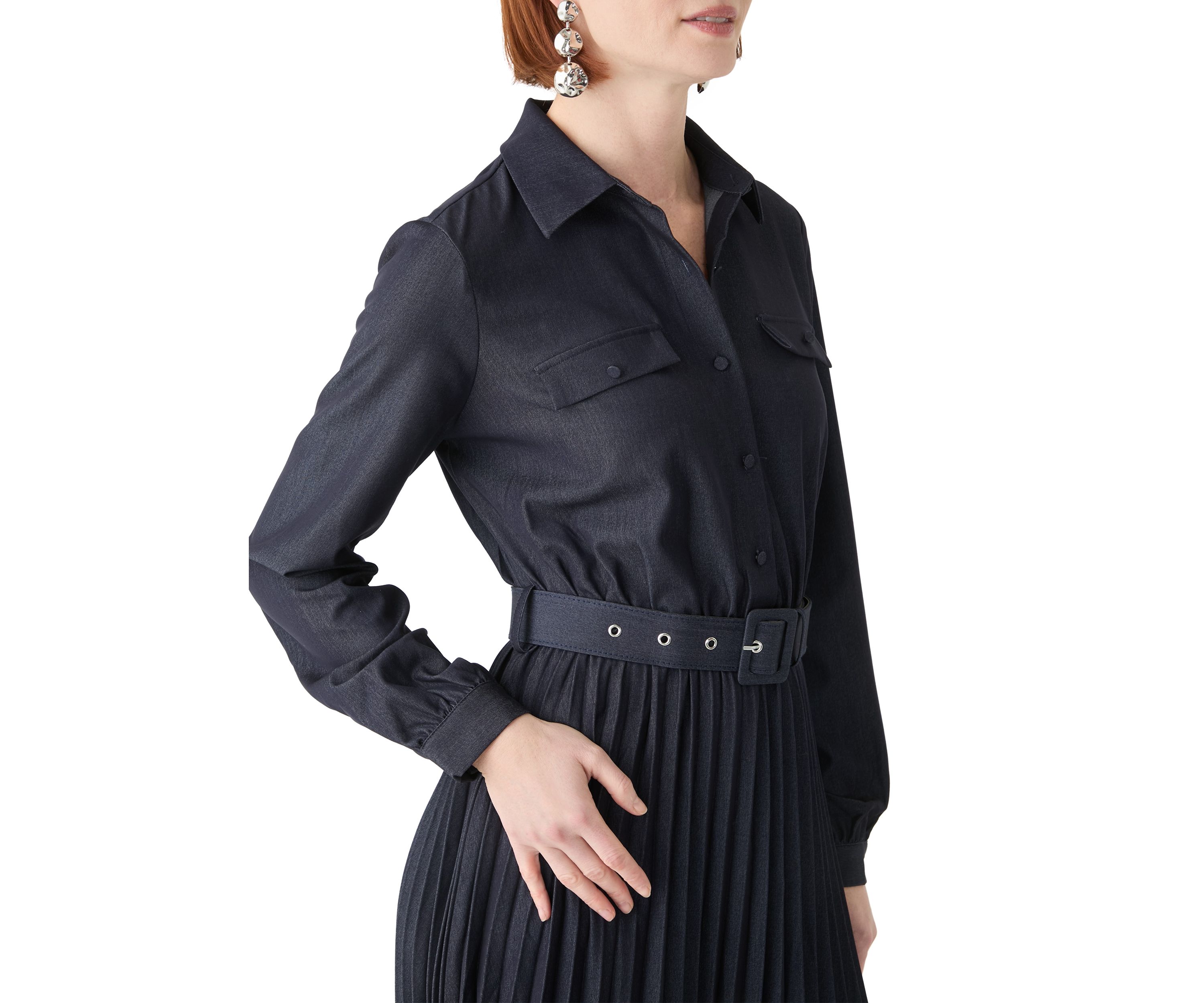 Womens Long Sleeve Pleated Midi Dress with Belt