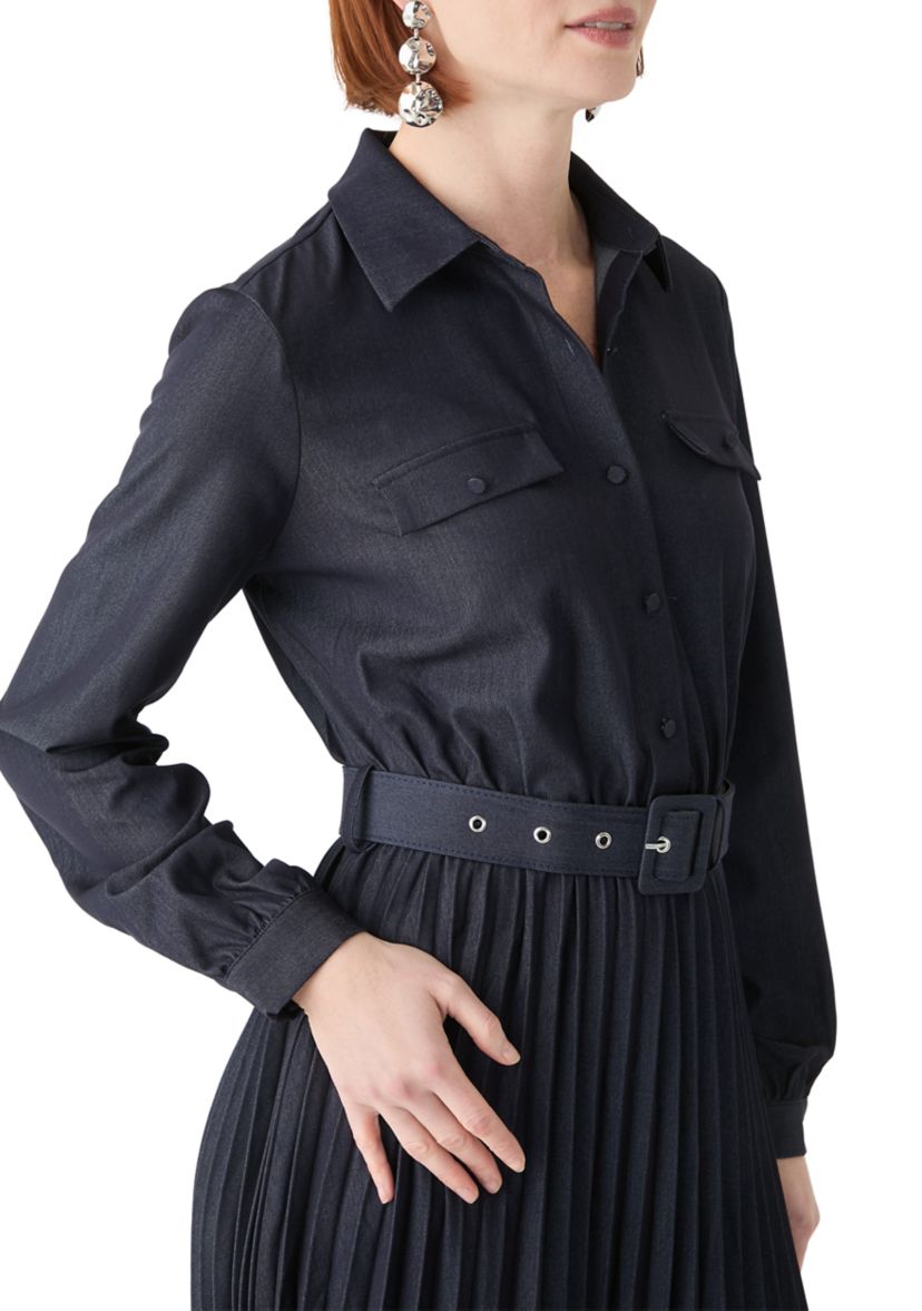 Womens Long Sleeve Pleated Midi Dress with Belt