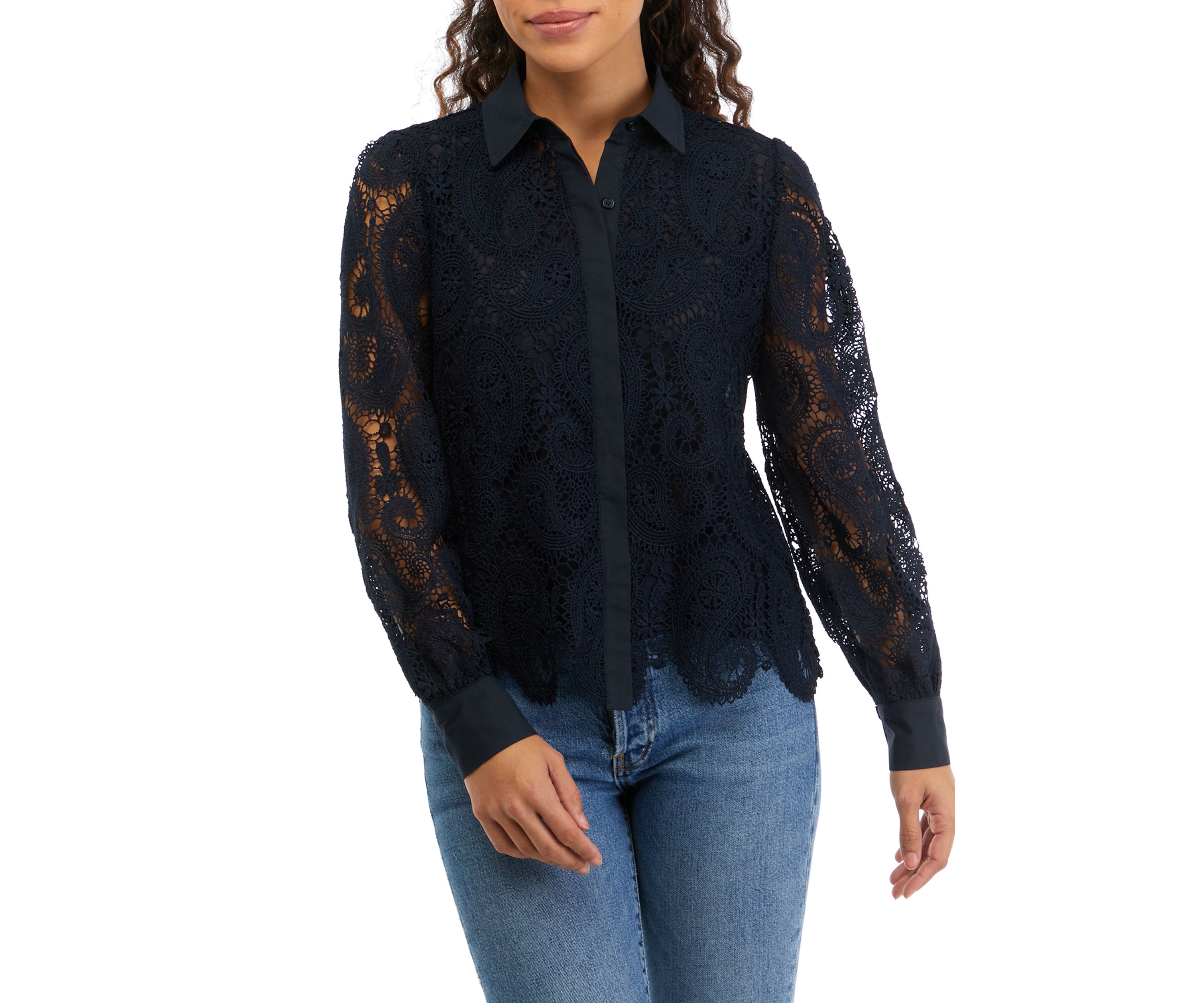 Petite Long Sleeve Button Down Lace Blouse
