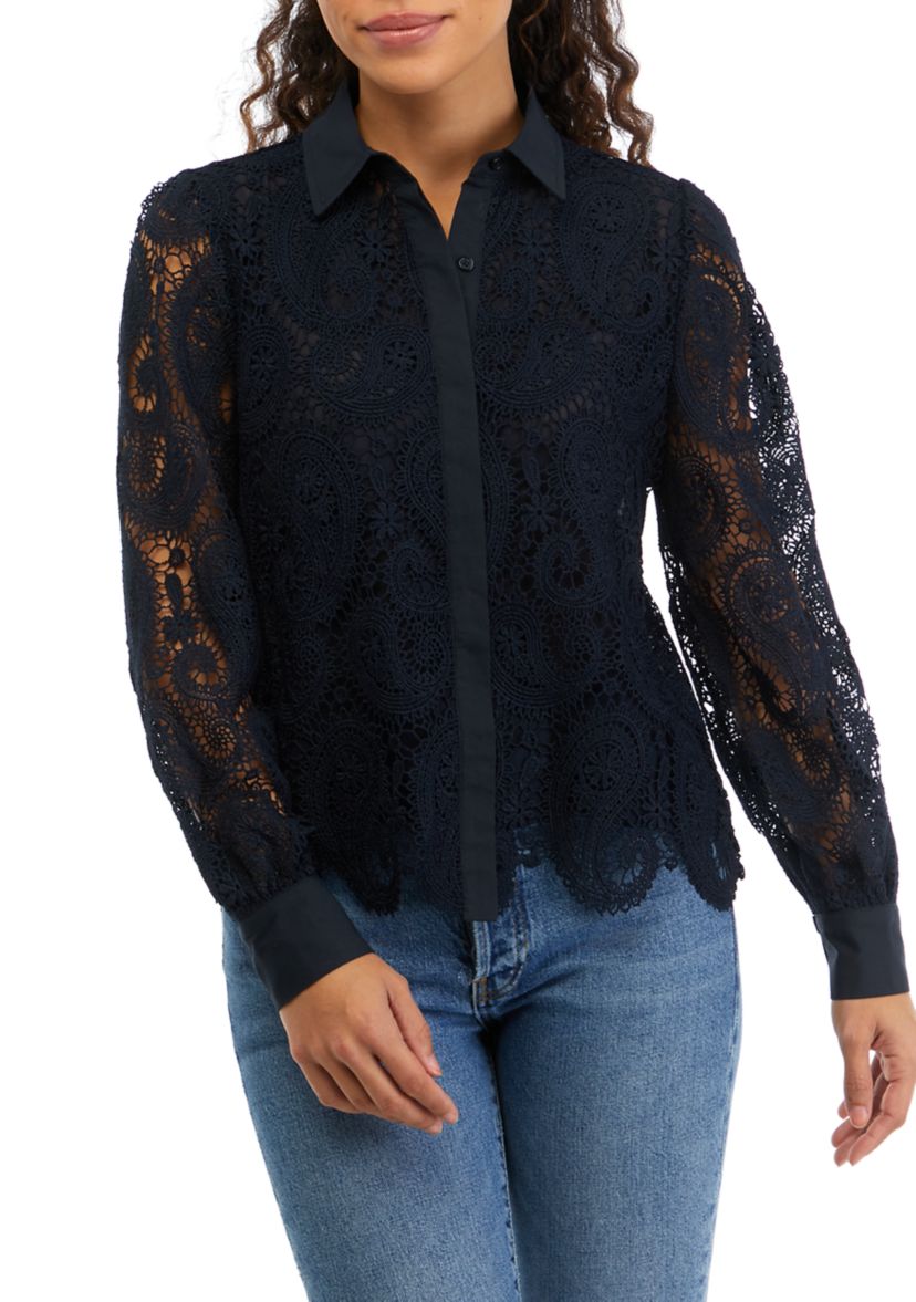 Petite Long Sleeve Button Down Lace Blouse