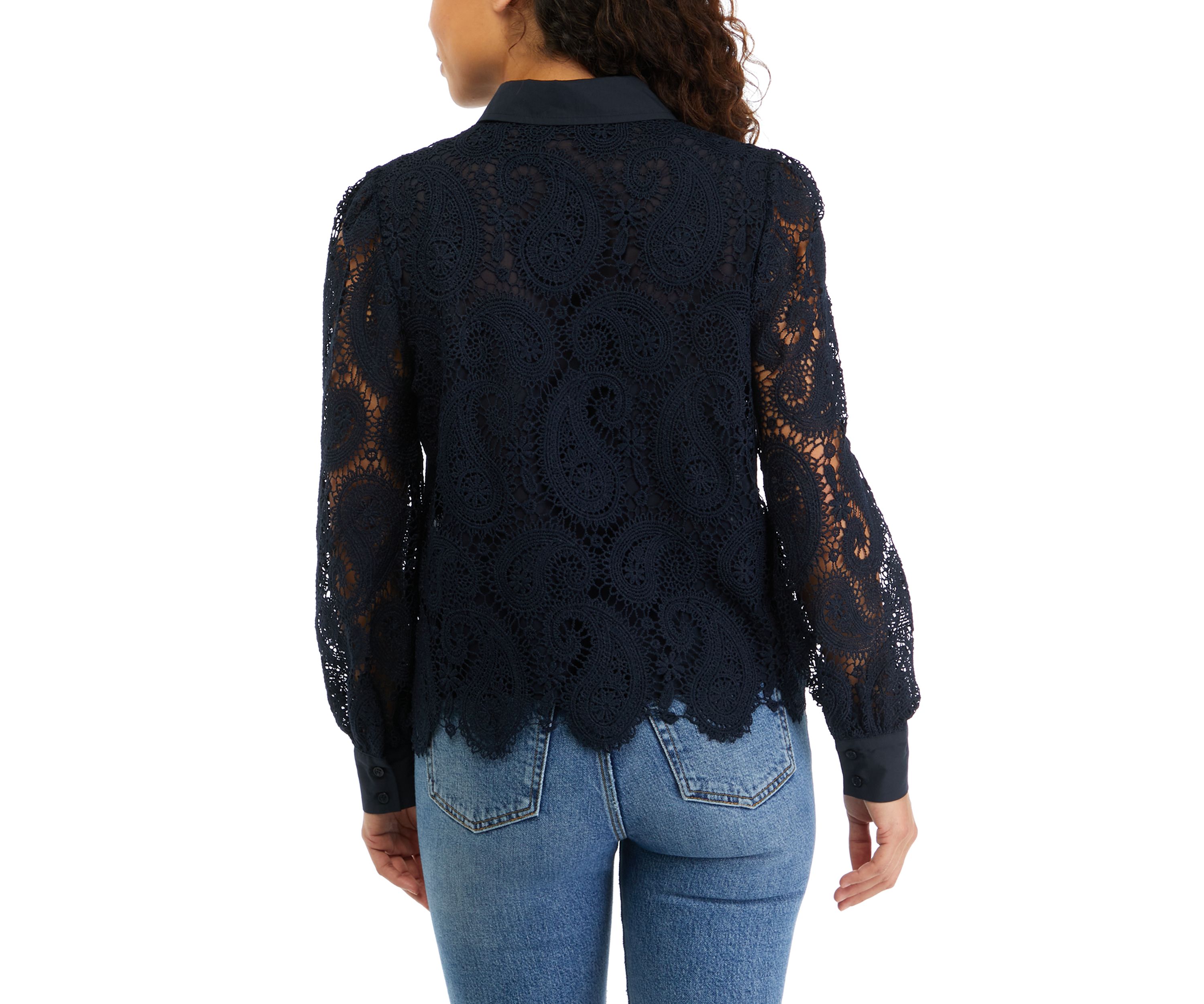 Petite Long Sleeve Button Down Lace Blouse