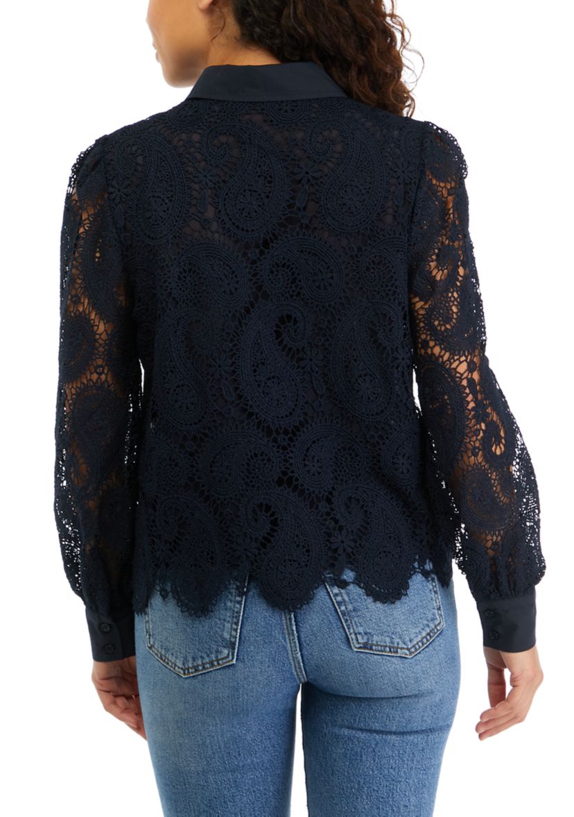 Petite Long Sleeve Button Down Lace Blouse