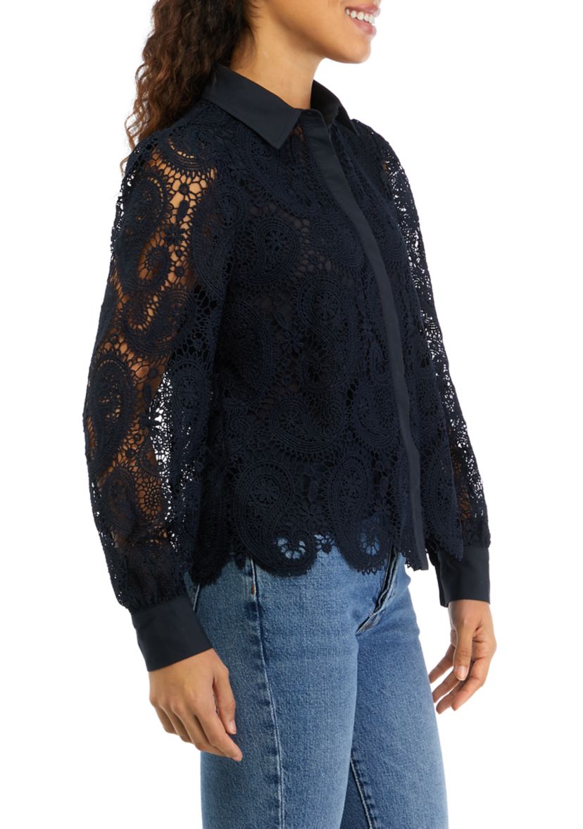 Petite Long Sleeve Button Down Lace Blouse
