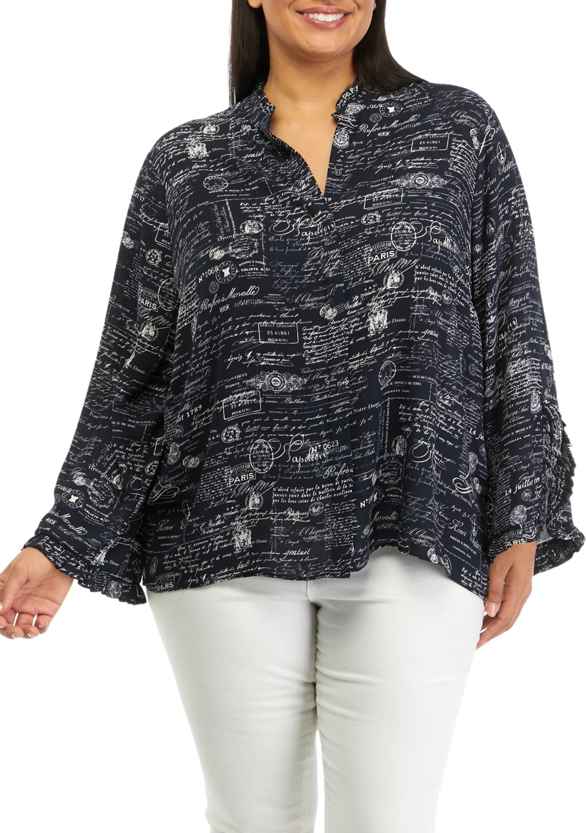 Plus Size Mandarin Collar Printed Blouse
