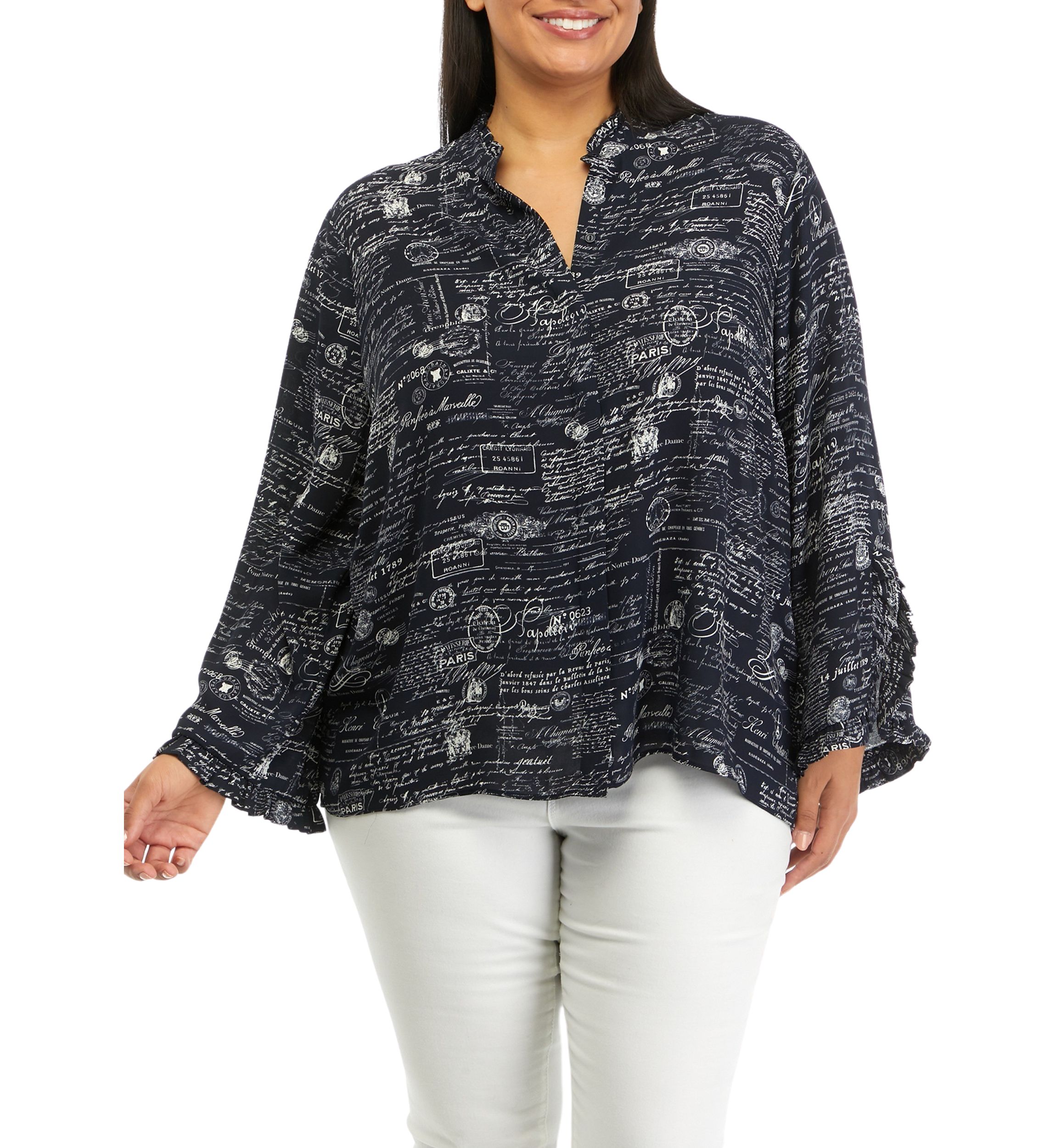 Plus Size Mandarin Collar Printed Blouse