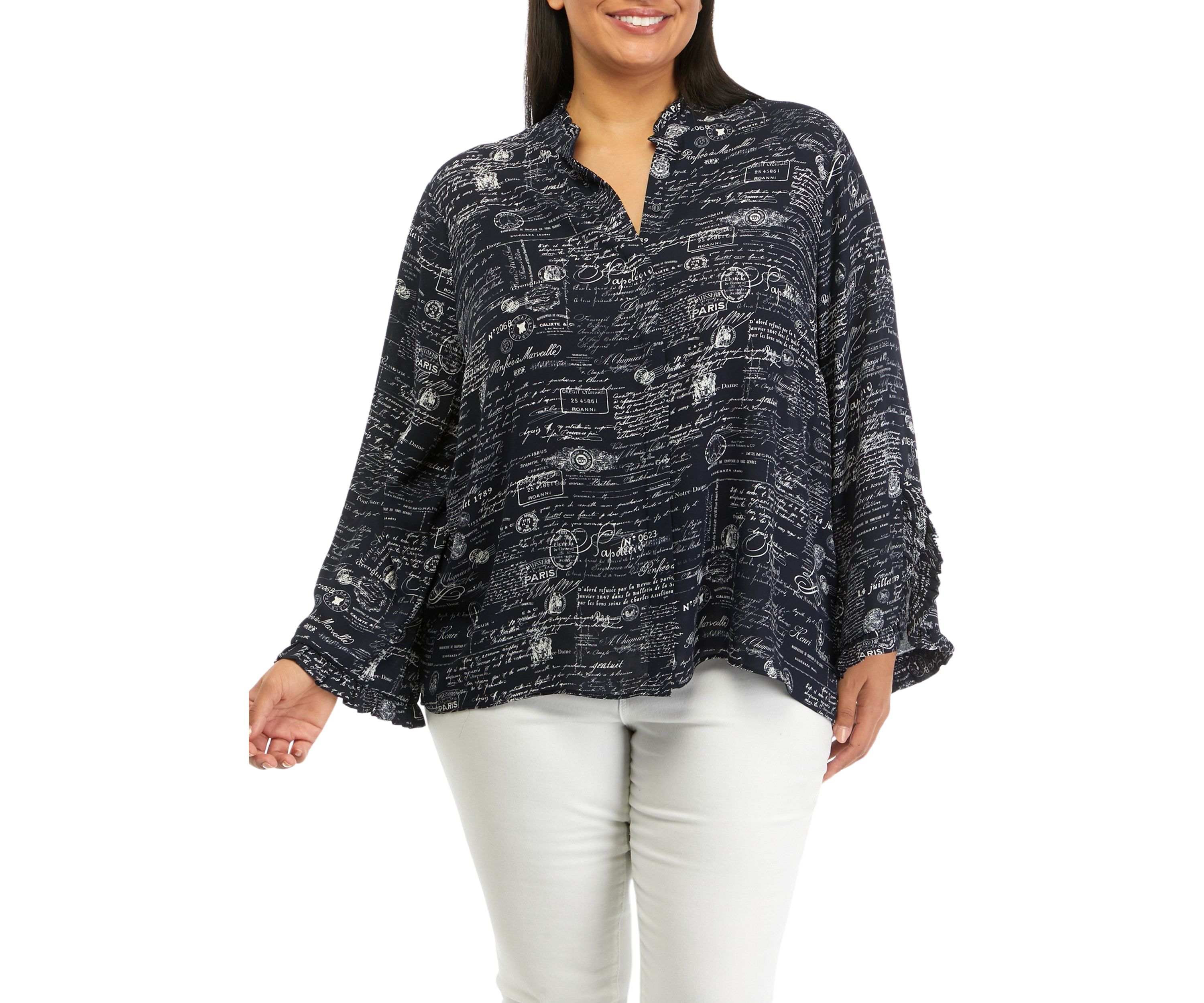 Plus Size Mandarin Collar Printed Blouse