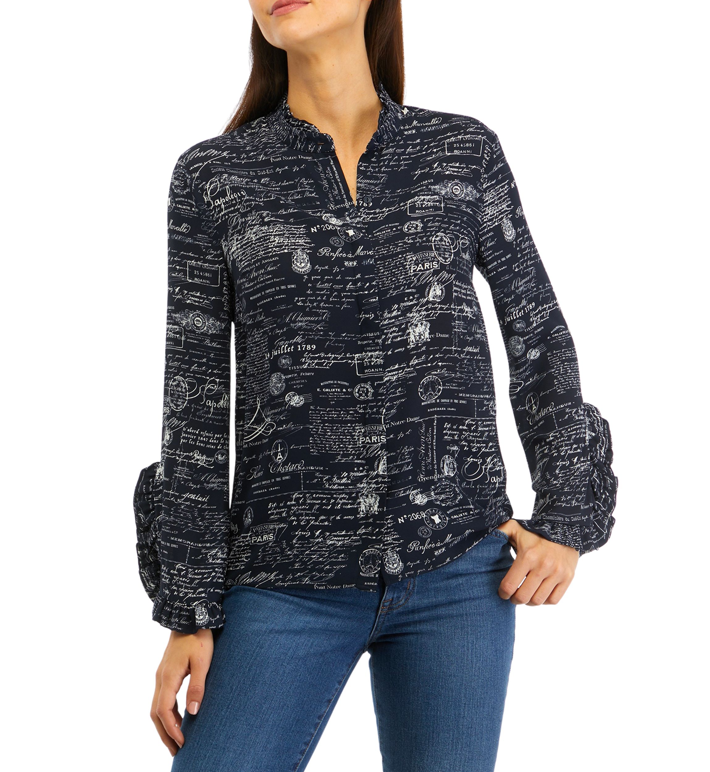 Womens Long Sleeve Ruffle Cuff Printed Blouse