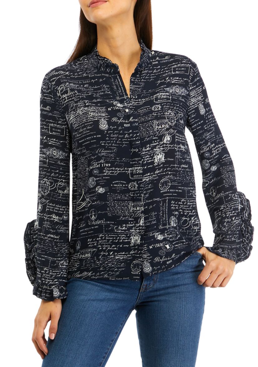 Womens Long Sleeve Ruffle Cuff Printed Blouse