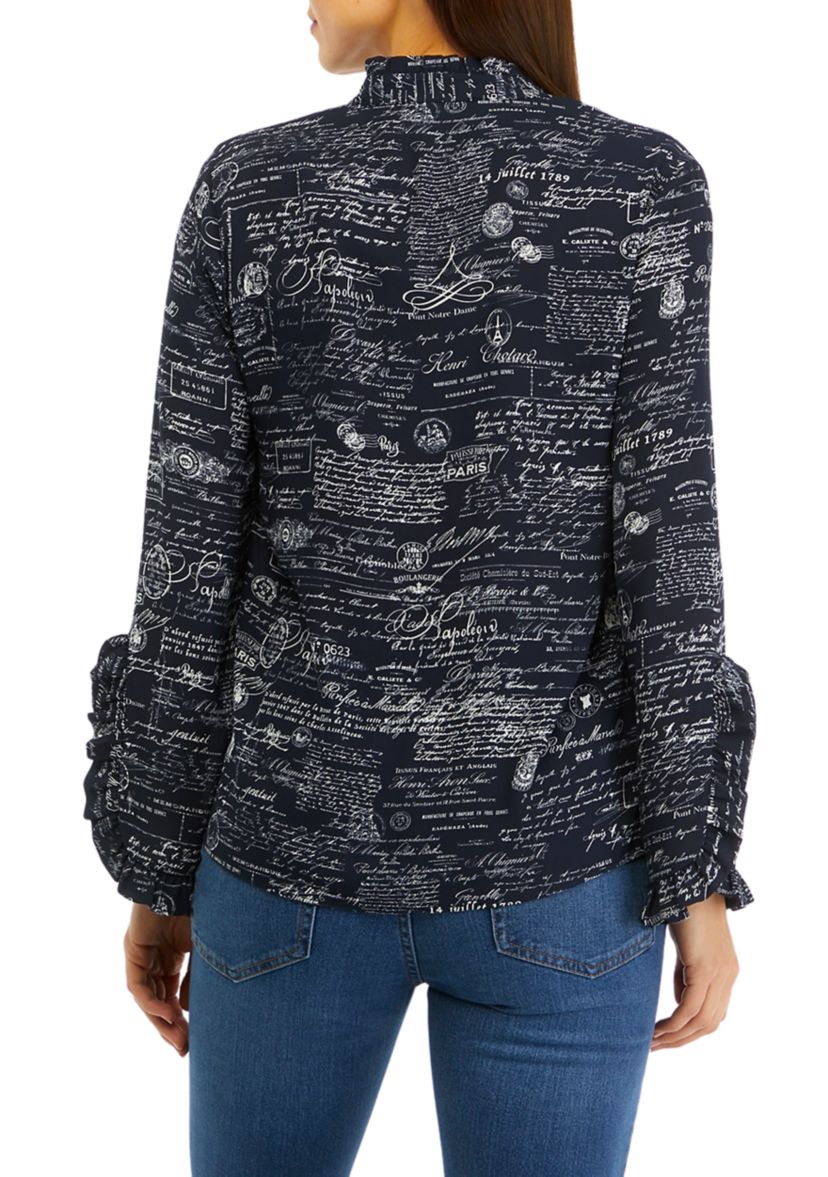 Womens Long Sleeve Ruffle Cuff Printed Blouse