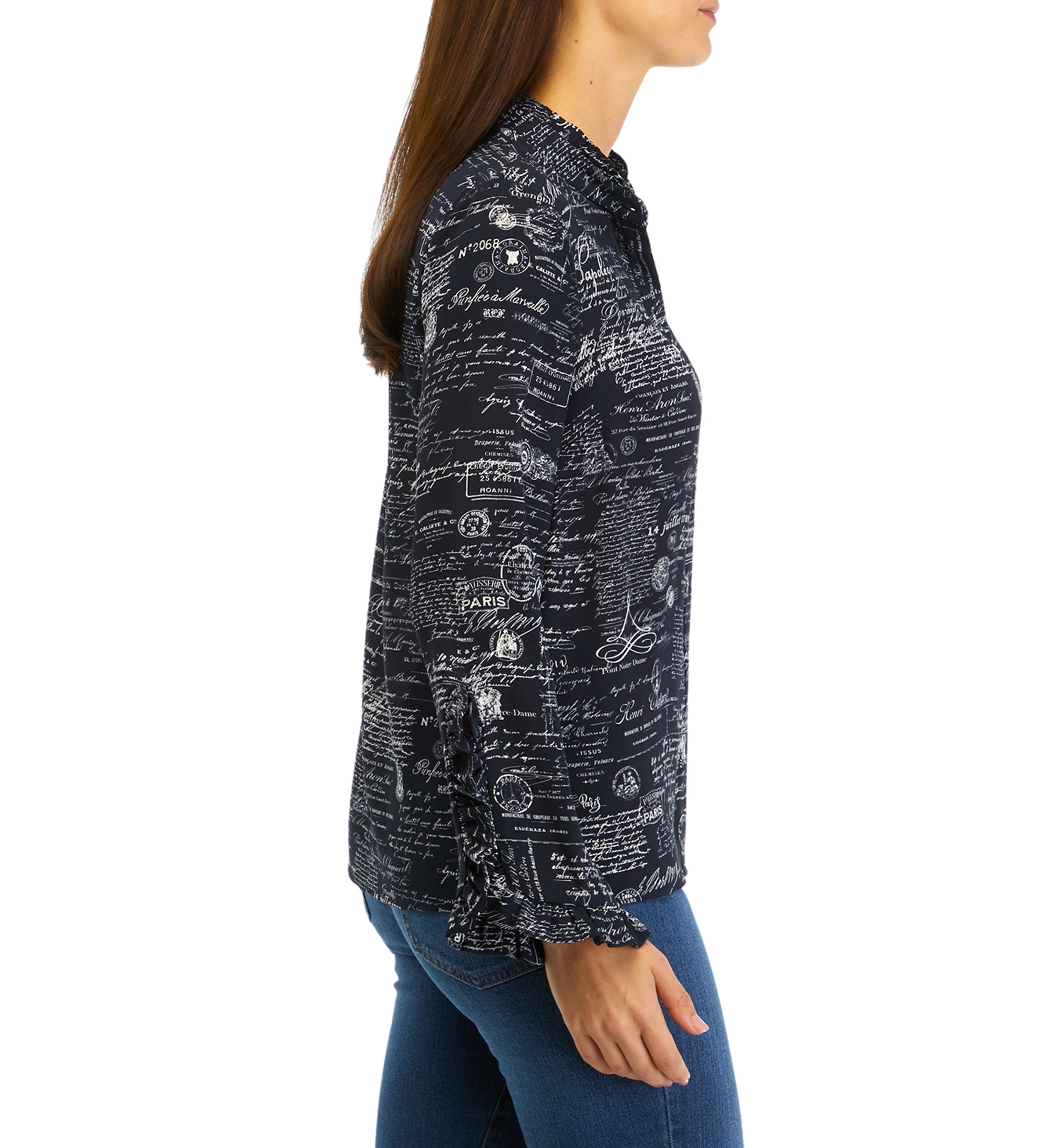 Womens Long Sleeve Ruffle Cuff Printed Blouse
