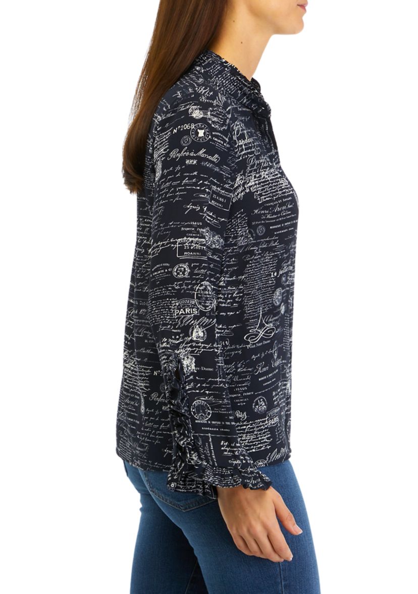Womens Long Sleeve Ruffle Cuff Printed Blouse