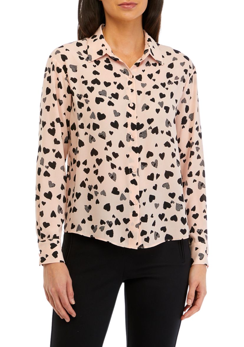 Petite Long Sleeve Collar Blouse with Ruffle Trim
