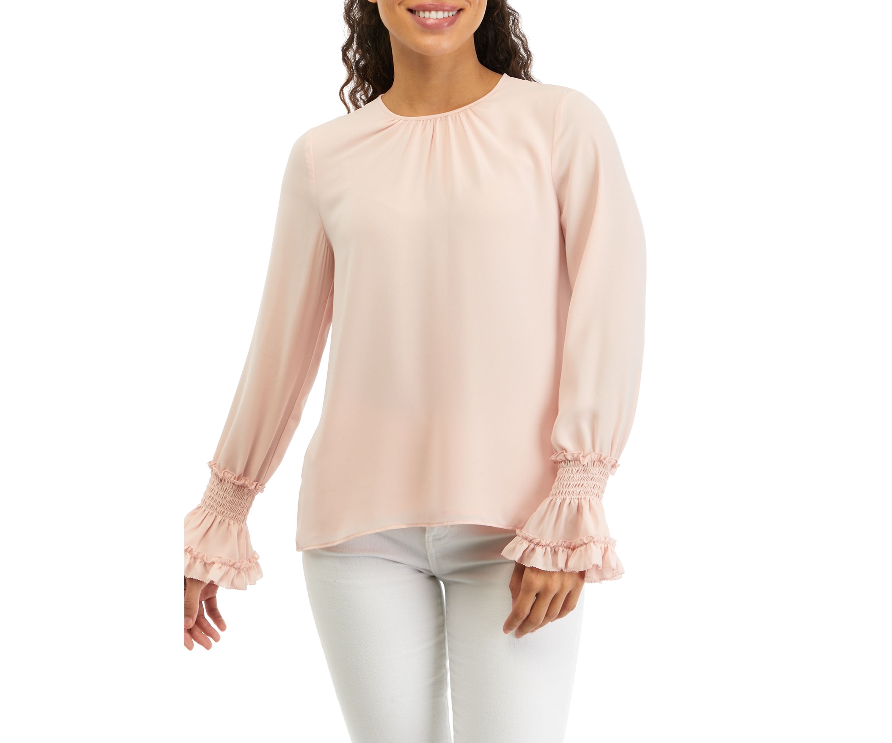 Petite Long Sleeve Smocked Blouse
