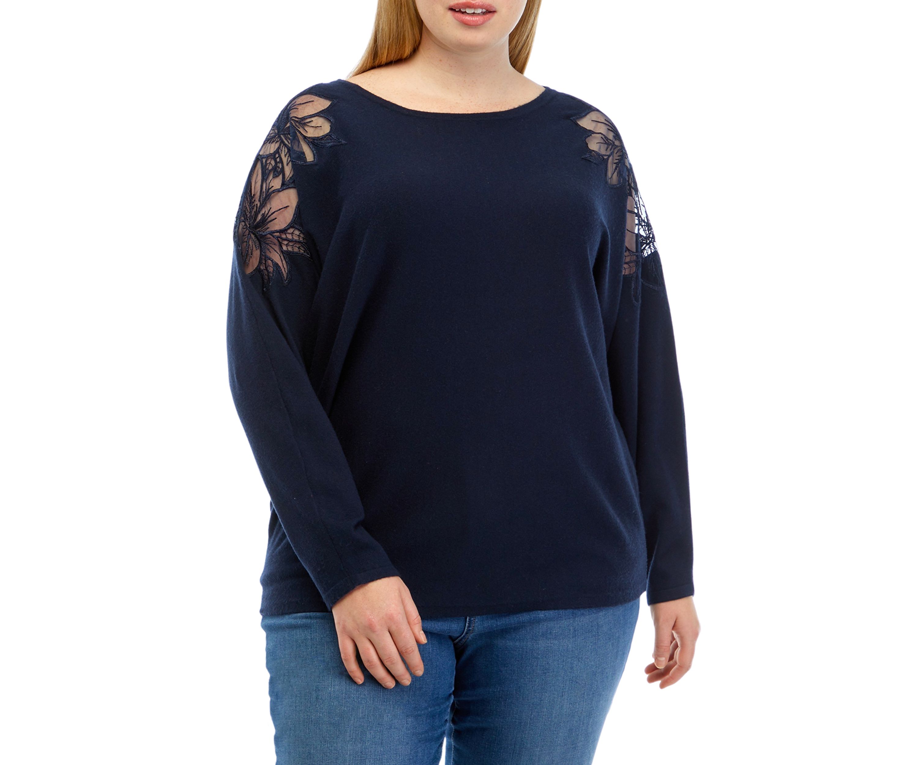 PLus Size Dolman Sleeve Crew Lace Trim Pullover