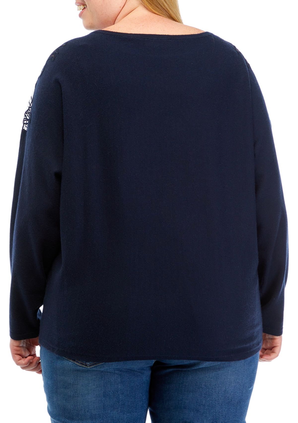 PLus Size Dolman Sleeve Crew Lace Trim Pullover