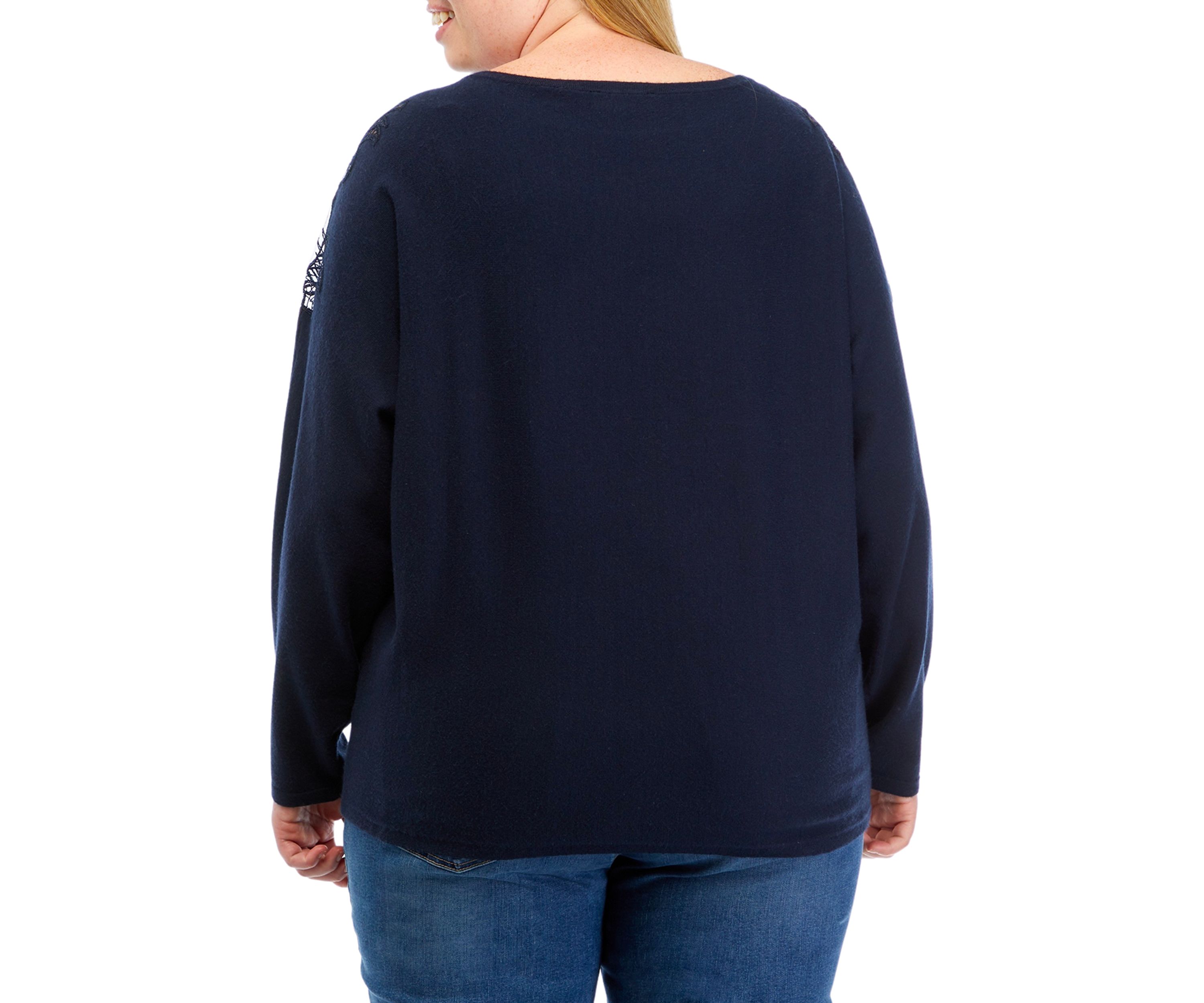 PLus Size Dolman Sleeve Crew Lace Trim Pullover