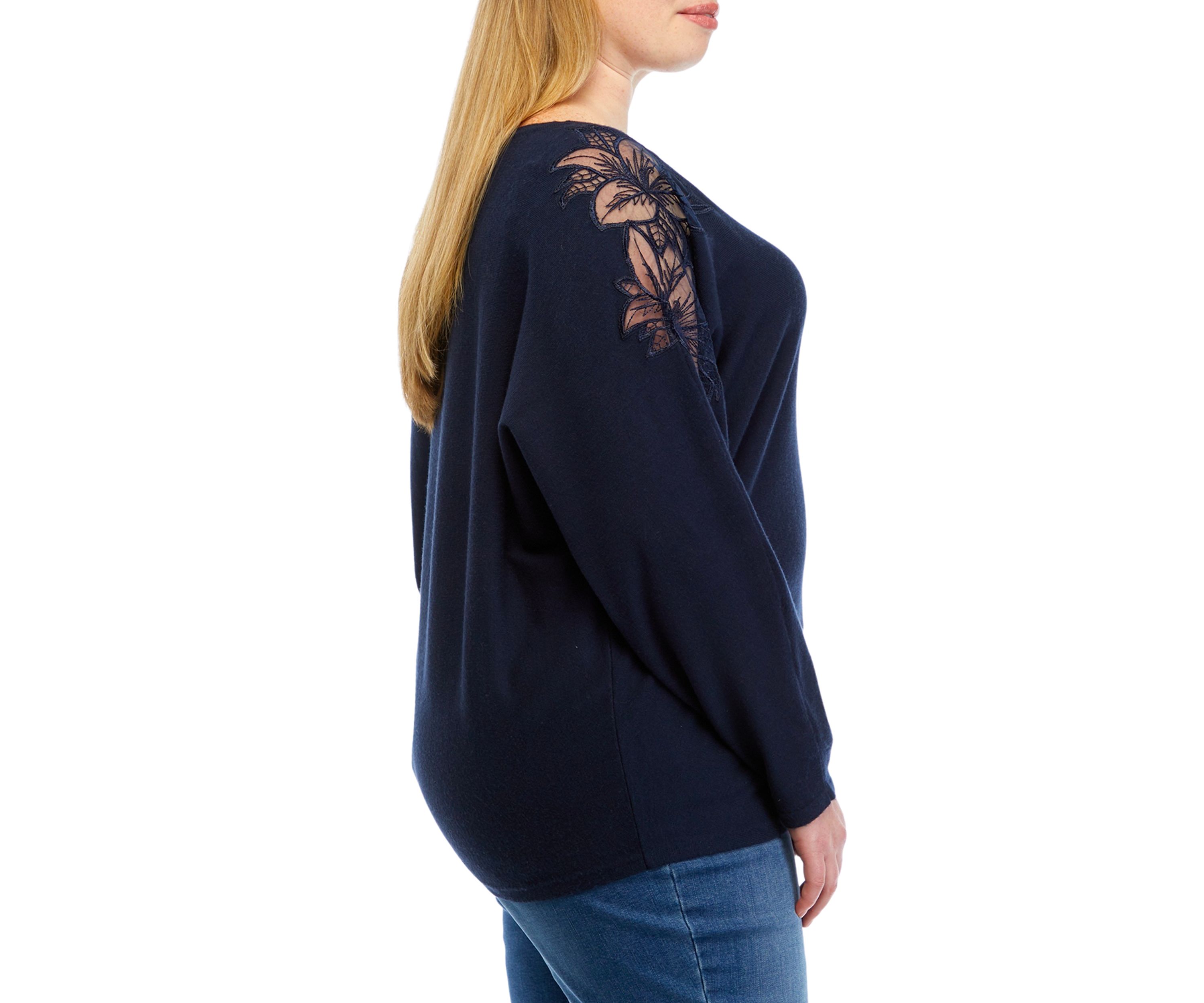 PLus Size Dolman Sleeve Crew Lace Trim Pullover
