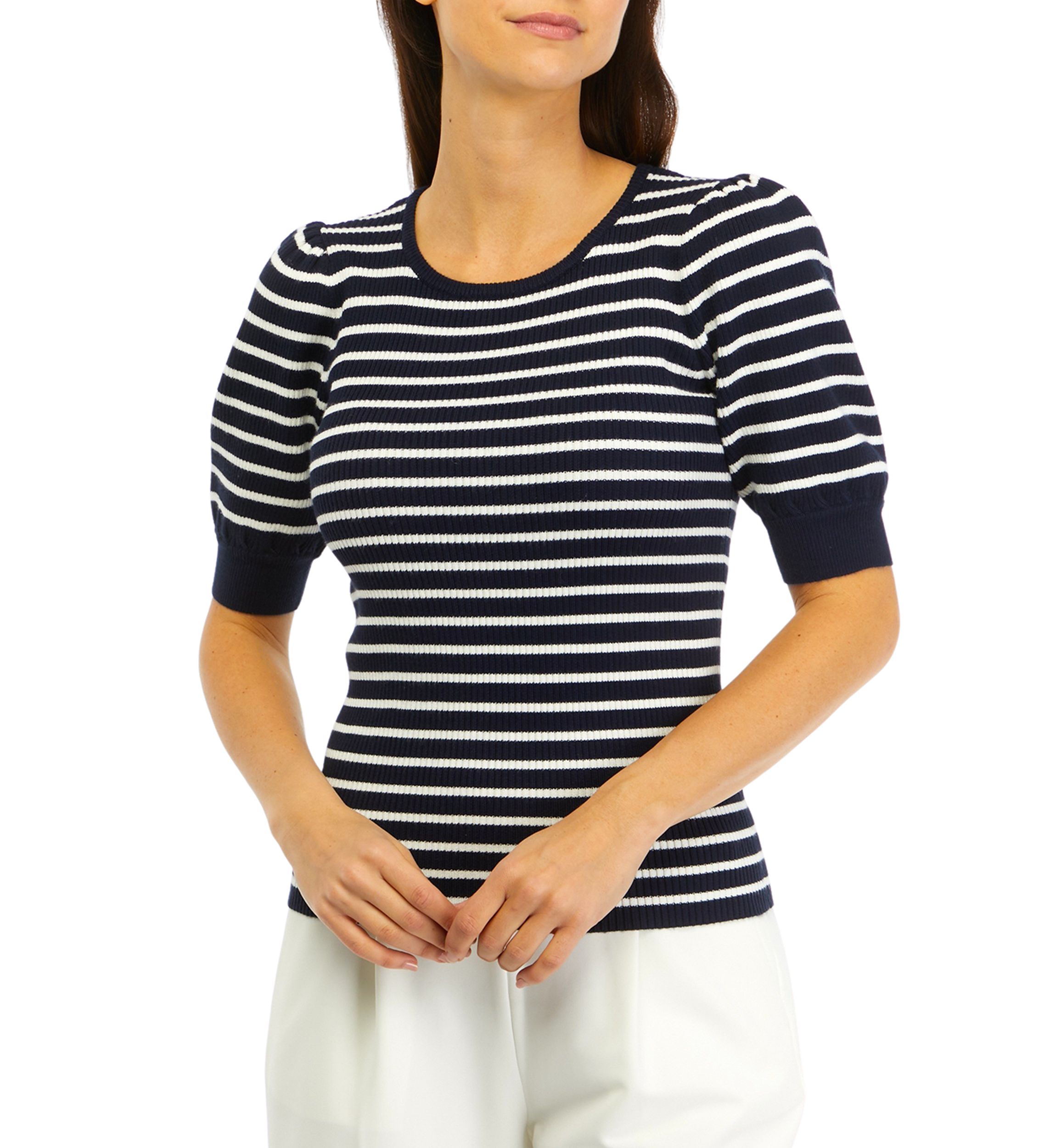 Short Puff Sleeve Striped Sweater