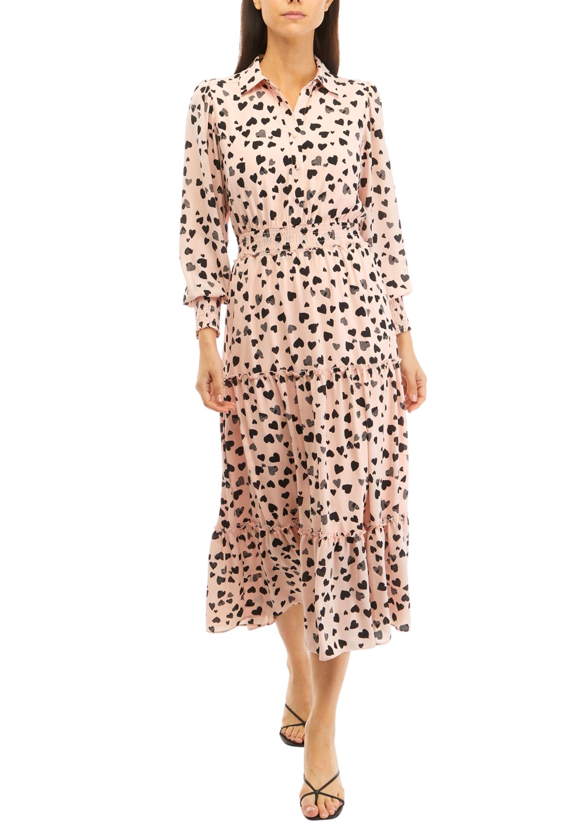 Long Sleeve Heart Print Tiered Midi Dress